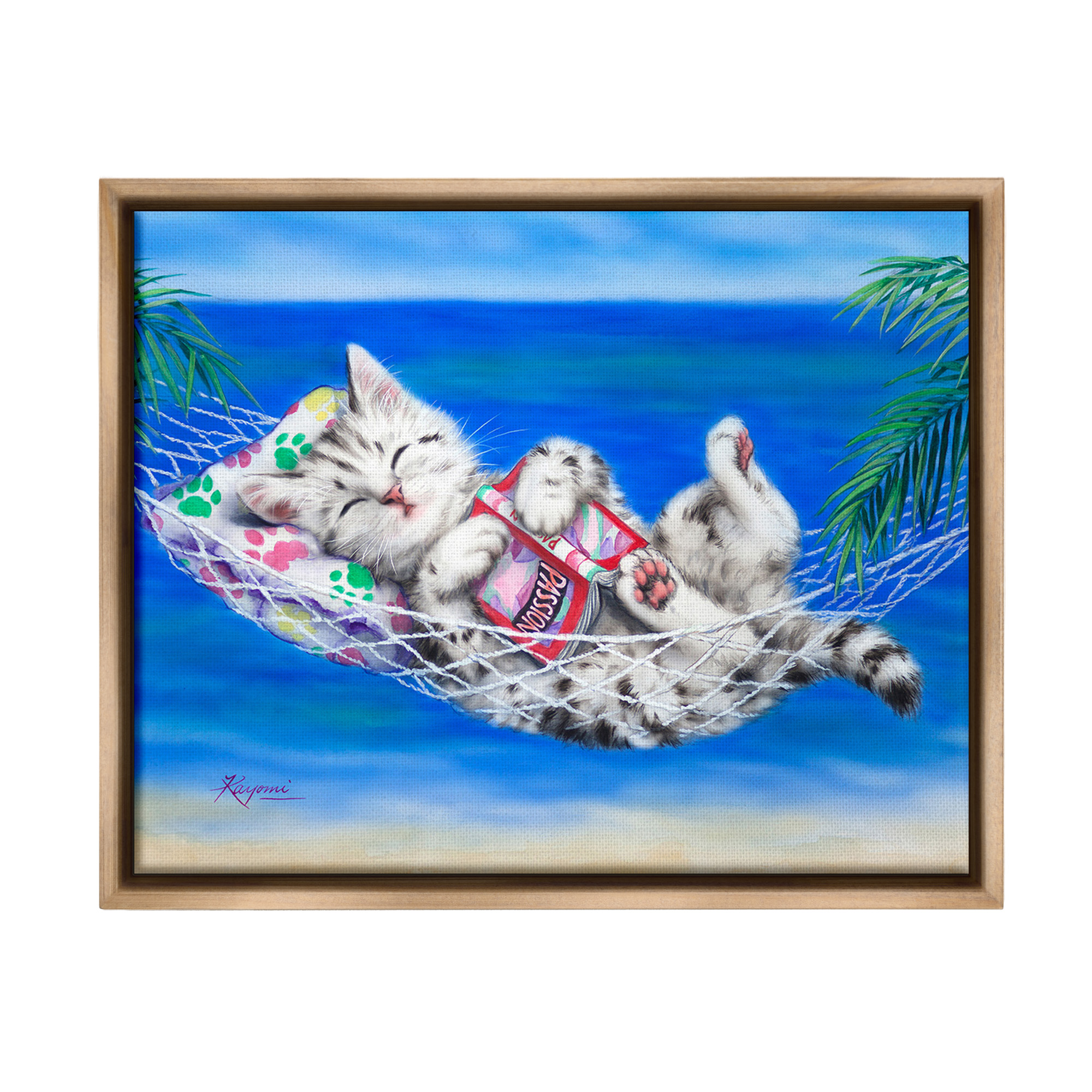 Stupell Industries Kitten Sleeping on Beach Animals & Insects Painting Brown Floater Framed Canvas Art Print Wall Art, 21 x 17
