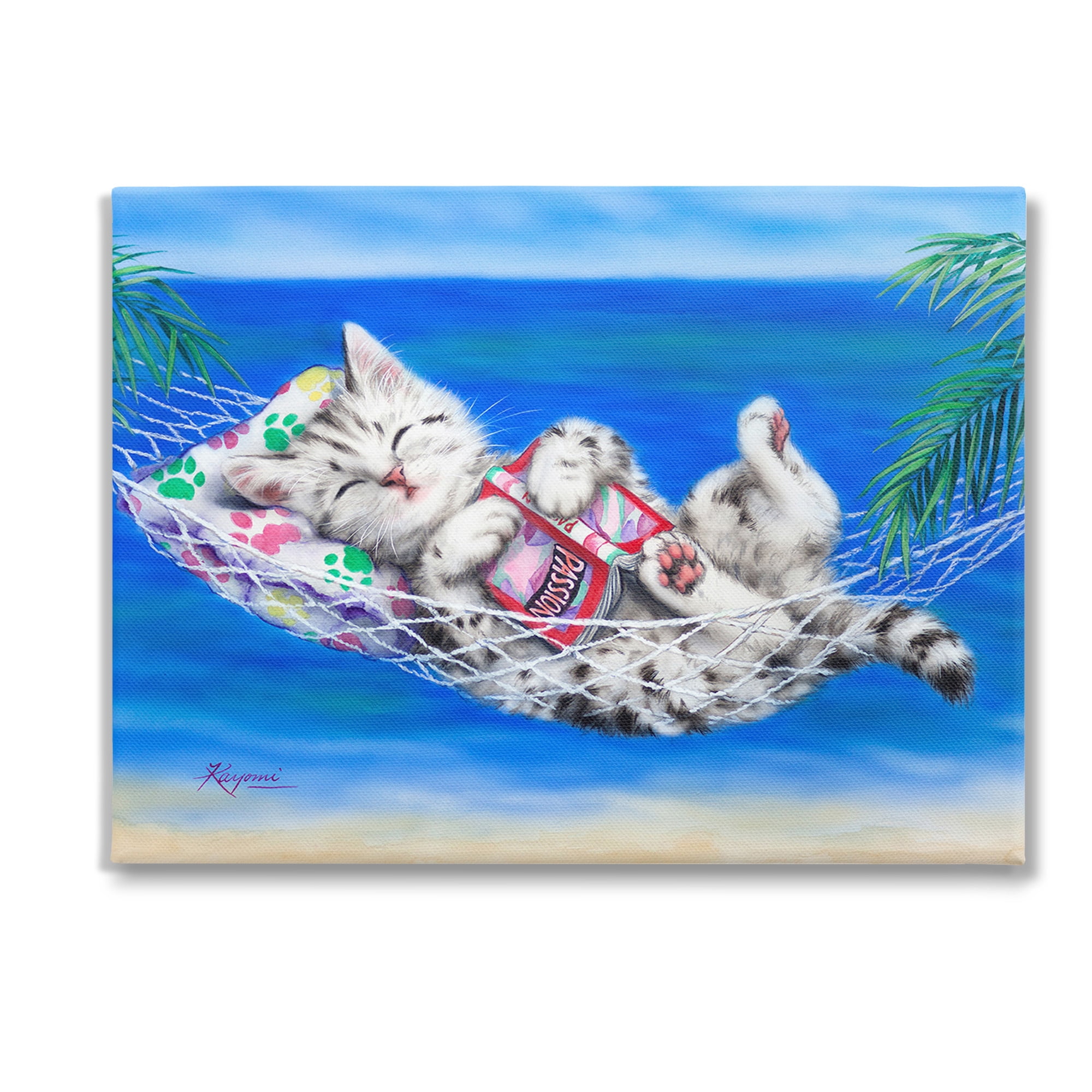 Stupell Industries Kitten Sleeping on Beach Animals & Insects Painting Gallery Wrapped Canvas Art Print Wall Art, 48 x 36