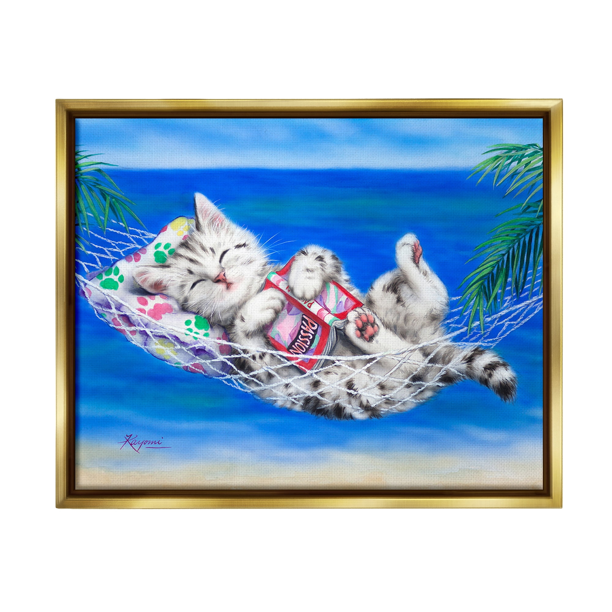 Stupell Industries Kitten Sleeping on Beach Animals & Insects Painting Gold Floater Framed Canvas Art Print Wall Art, 31 x 25