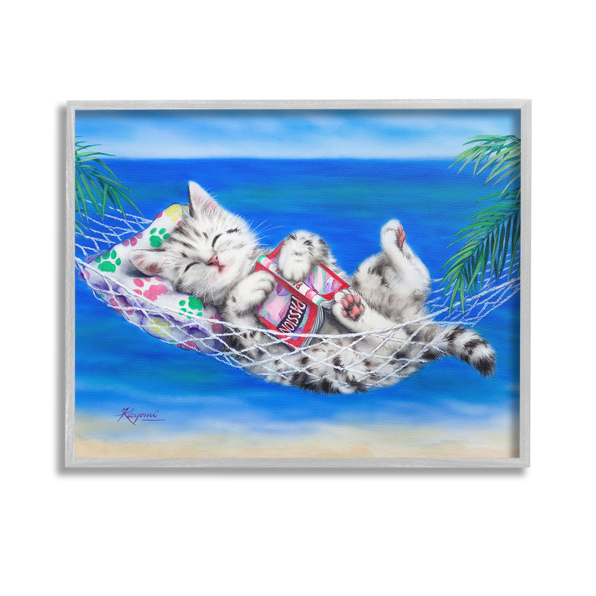 Stupell Industries Kitten Sleeping on Beach Animals & Insects Painting Gray Framed Art Print Wall Art, 14 x 11