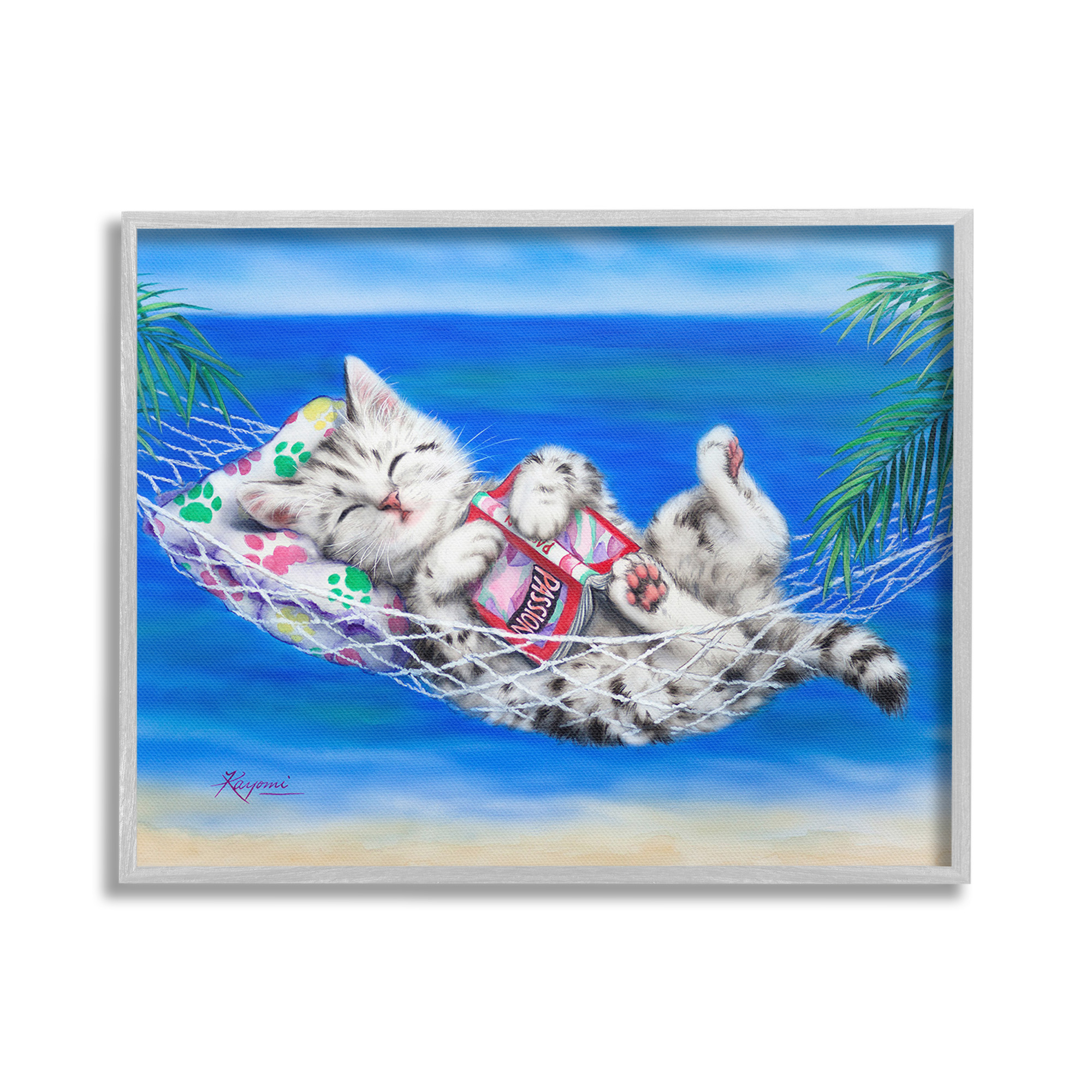Stupell Industries Kitten Sleeping on Beach Animals & Insects Painting Gray Framed Art Print Wall Art, 30 x 24