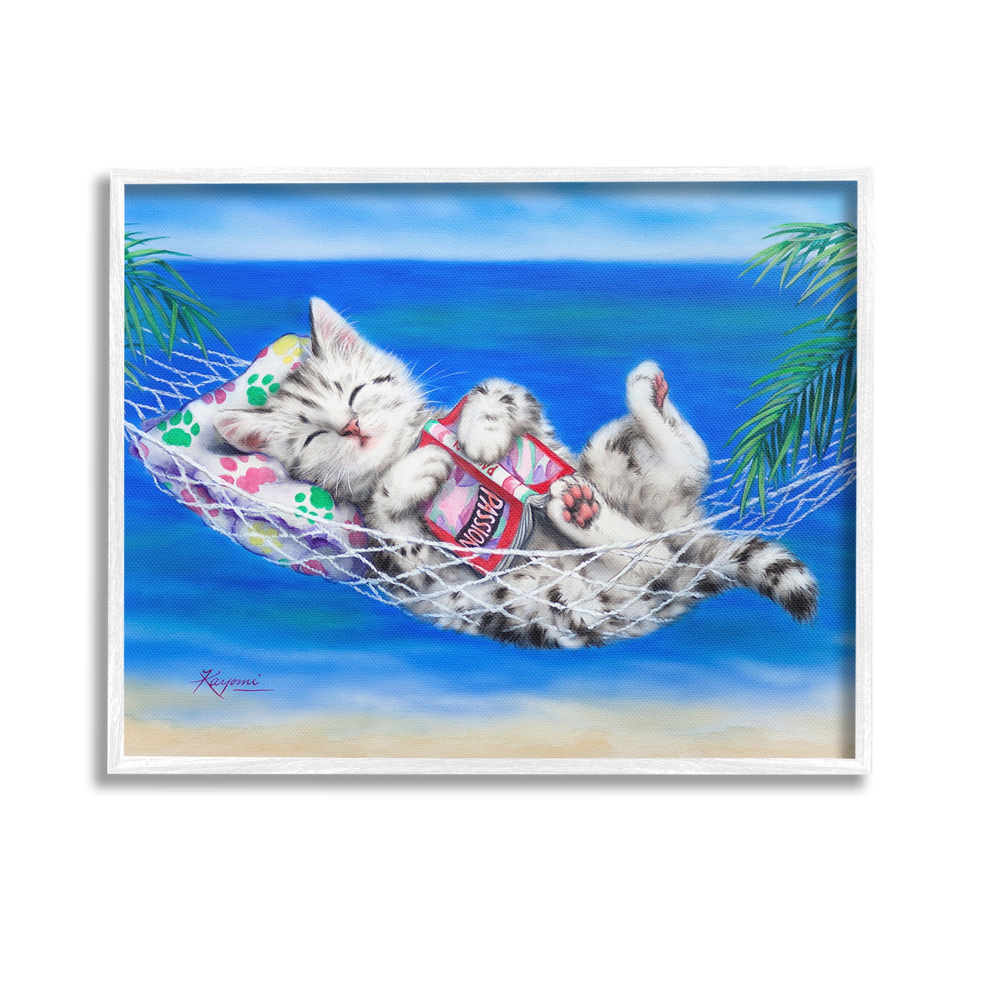 Stupell Industries Kitten Sleeping on Beach Animals & Insects Painting White Framed Art Print Wall Art, 14 x 11