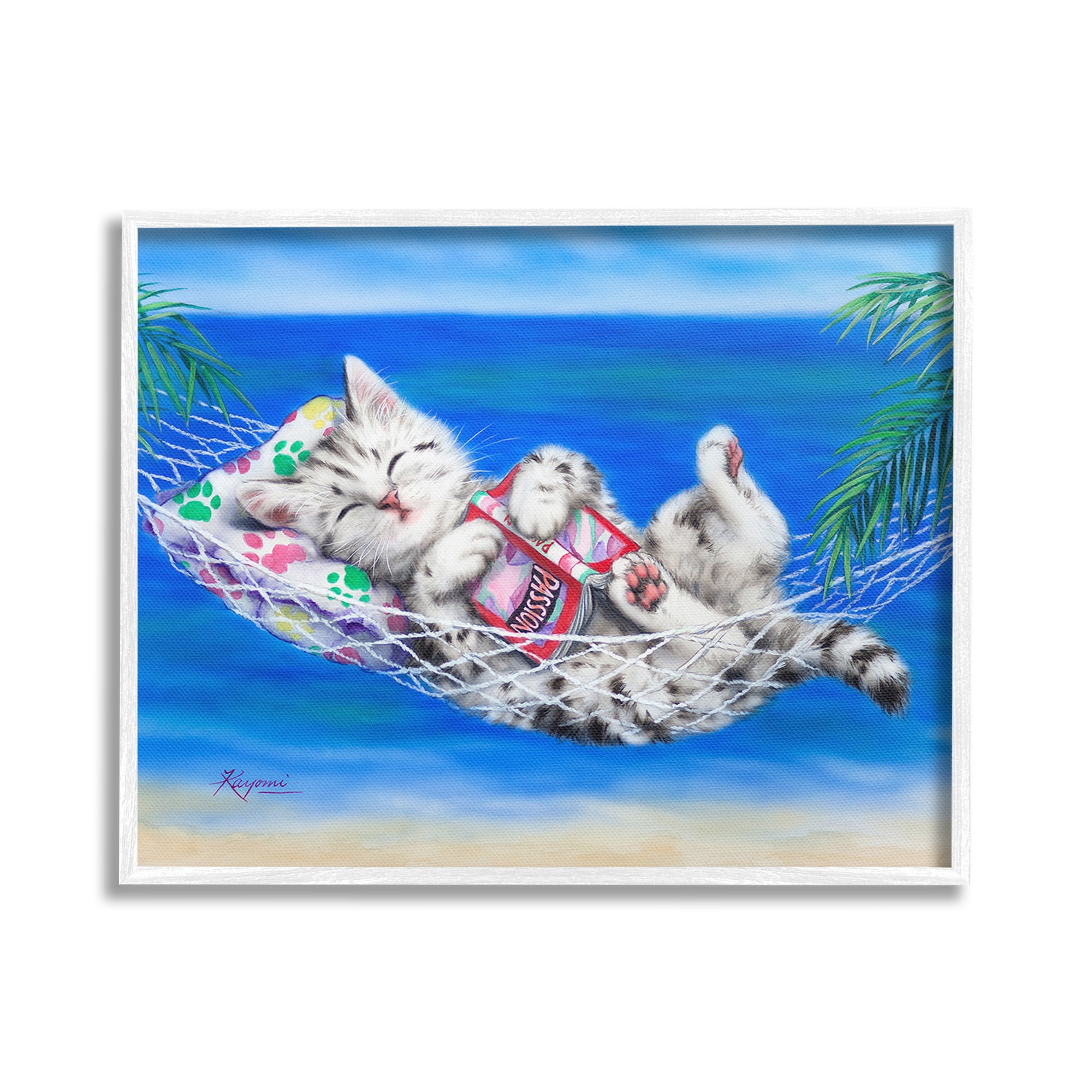 Stupell Industries Kitten Sleeping on Beach Animals & Insects Painting White Framed Art Print Wall Art, 20 x 16