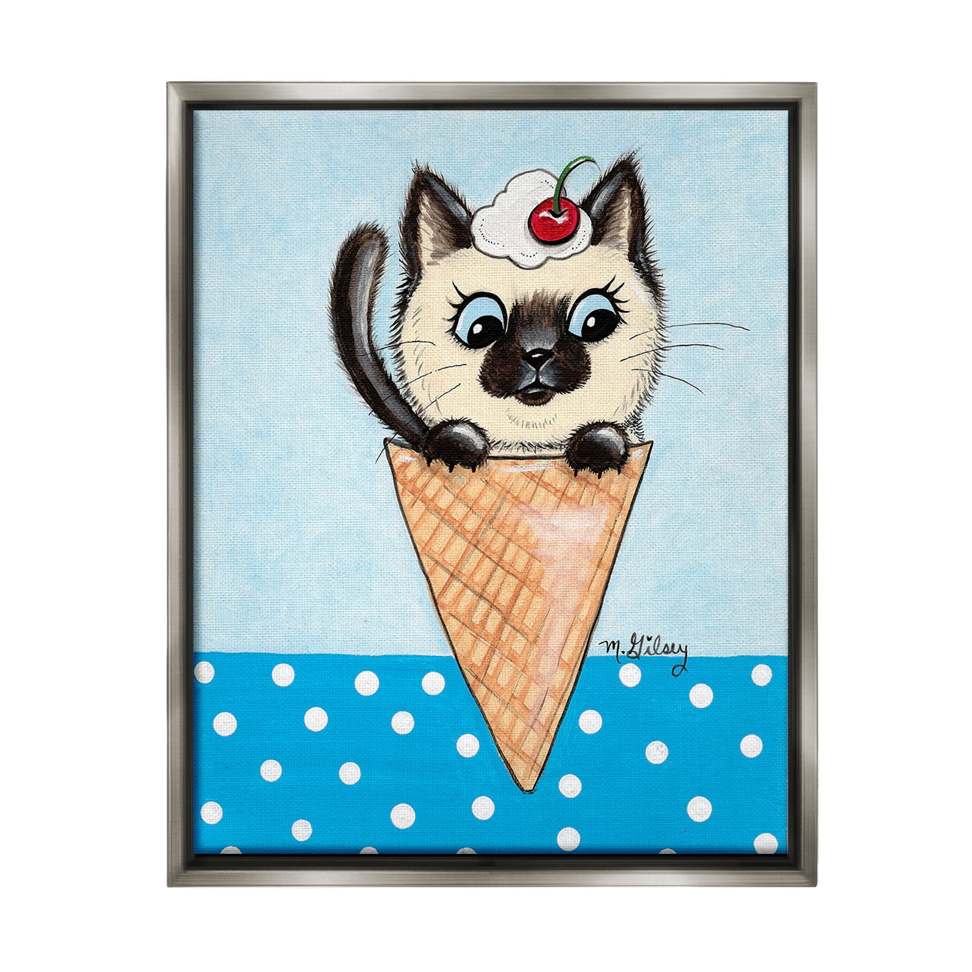 Stupell Industries Kitten Sundae Cone Animals & Insects Painting Gray Floater Framed Canvas Art Print Wall Art, 17 x 21