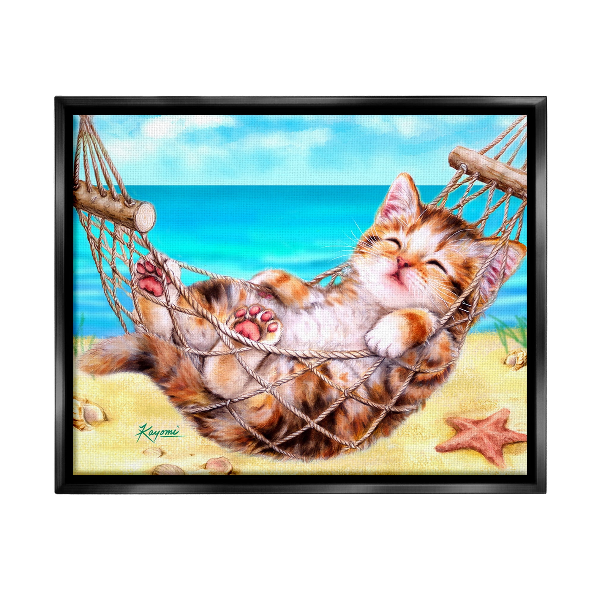 Stupell Industries Kitten in Beach Hammock Animals & Insects Painting Black Floater Framed Canvas Art Print Wall Art, 21 x 17