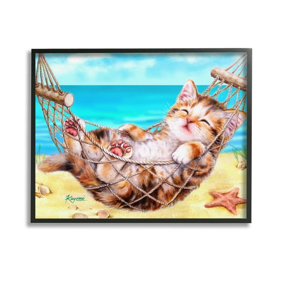Stupell Industries Kitten in Beach Hammock Animals & Insects Painting Black Framed Art Print Wall Art, 14 x 11
