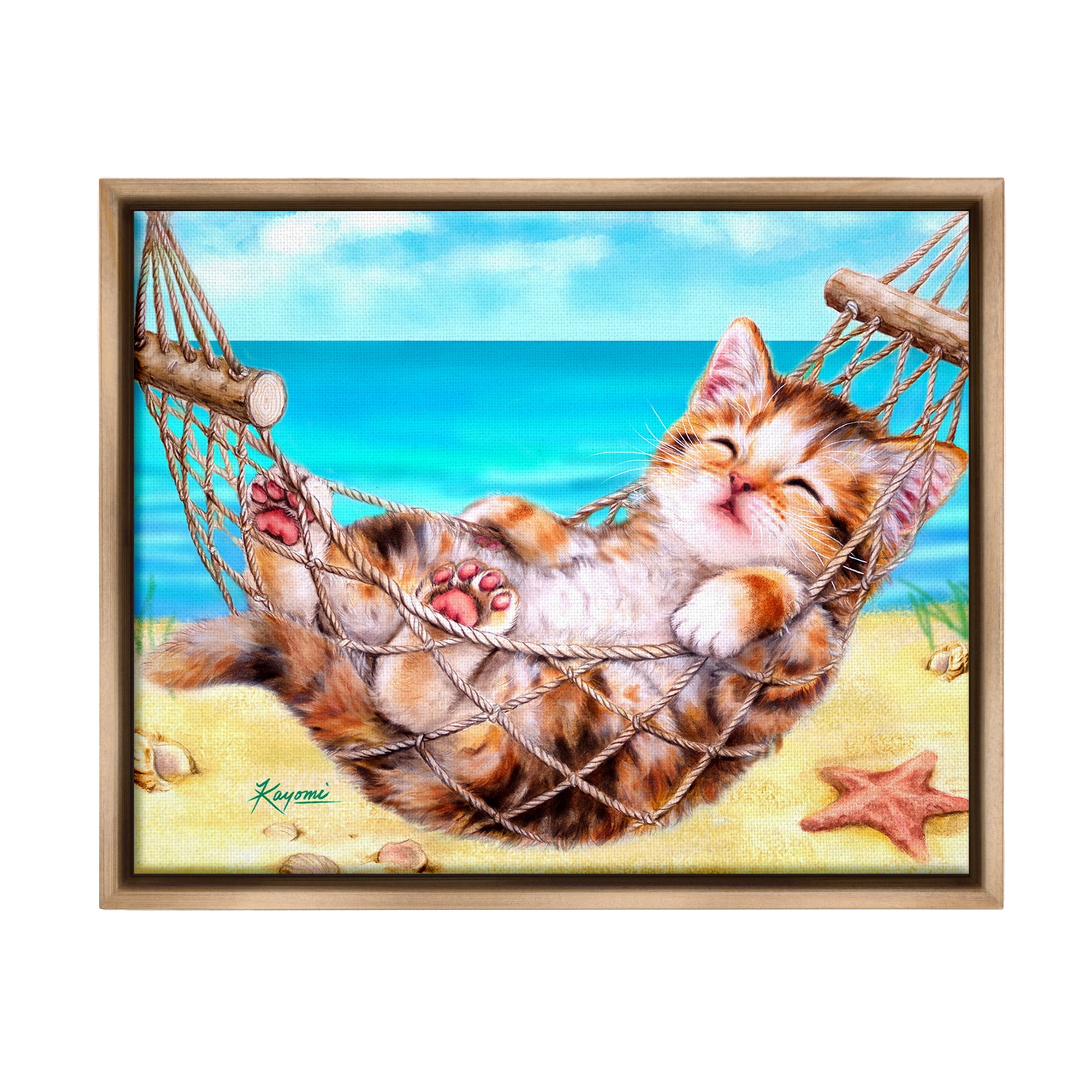 Stupell Industries Kitten in Beach Hammock Animals & Insects Painting Brown Floater Framed Canvas Art Print Wall Art, 21 x 17