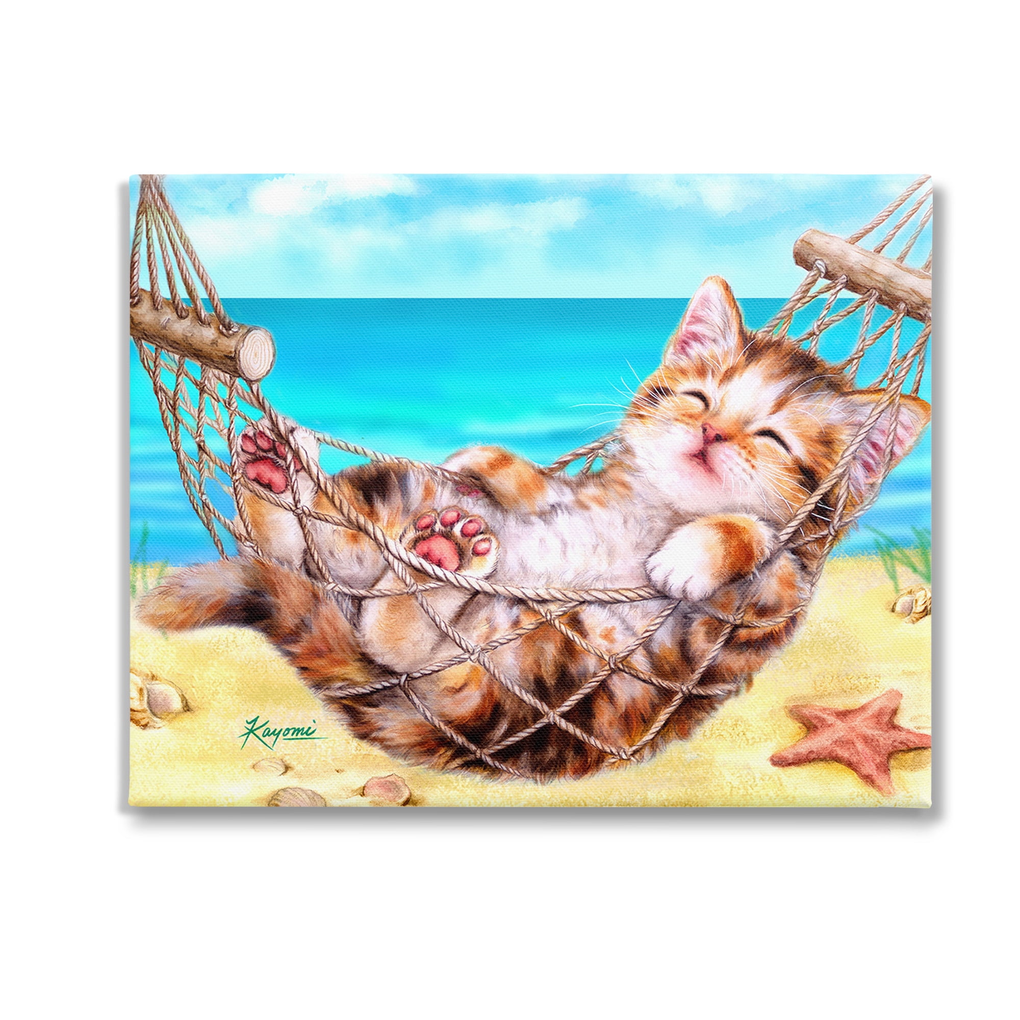 Stupell Industries Kitten in Beach Hammock Animals & Insects Painting Gallery Wrapped Canvas Art Print Wall Art, 20 x 16