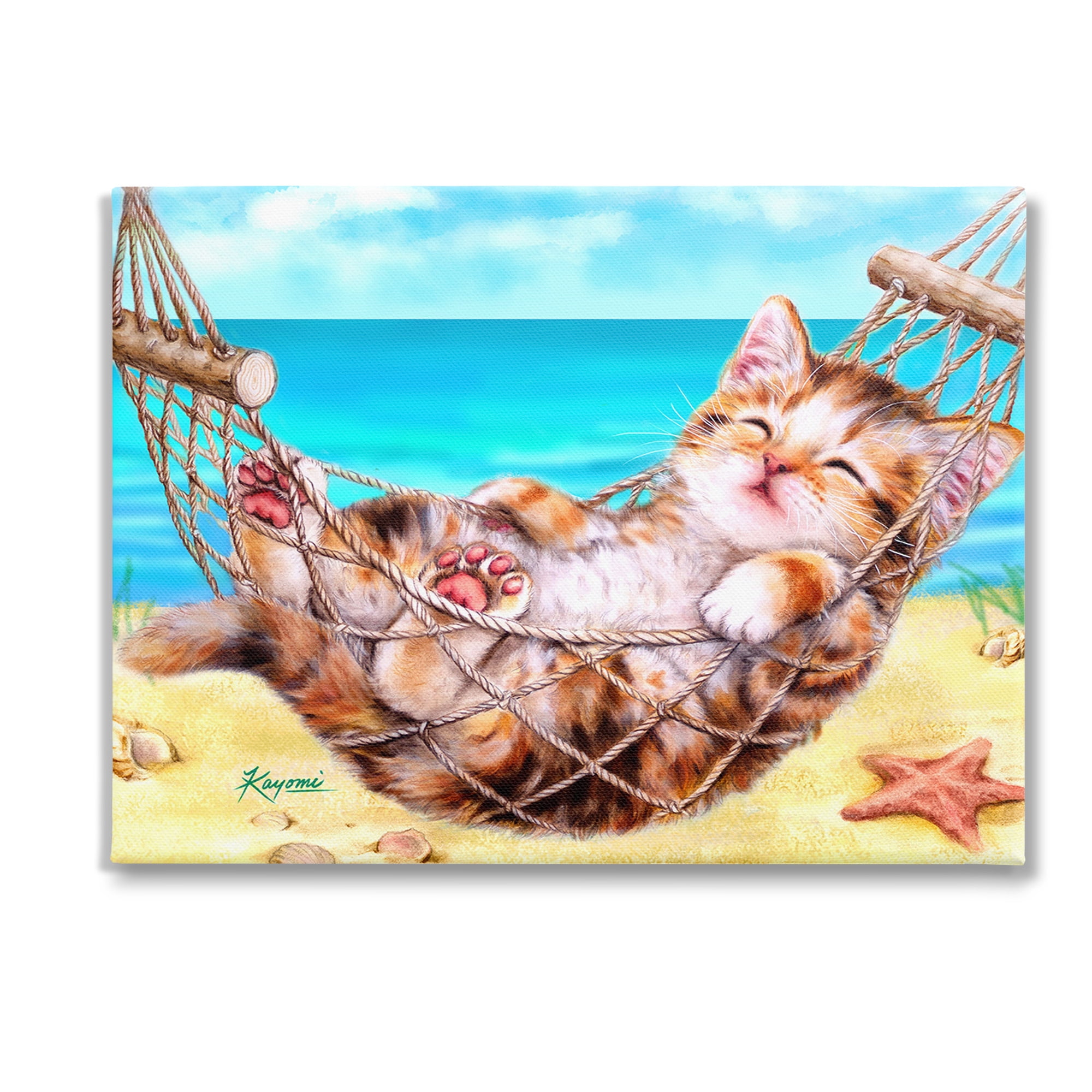 Stupell Industries Kitten in Beach Hammock Animals & Insects Painting Gallery Wrapped Canvas Art Print Wall Art, 48 x 36