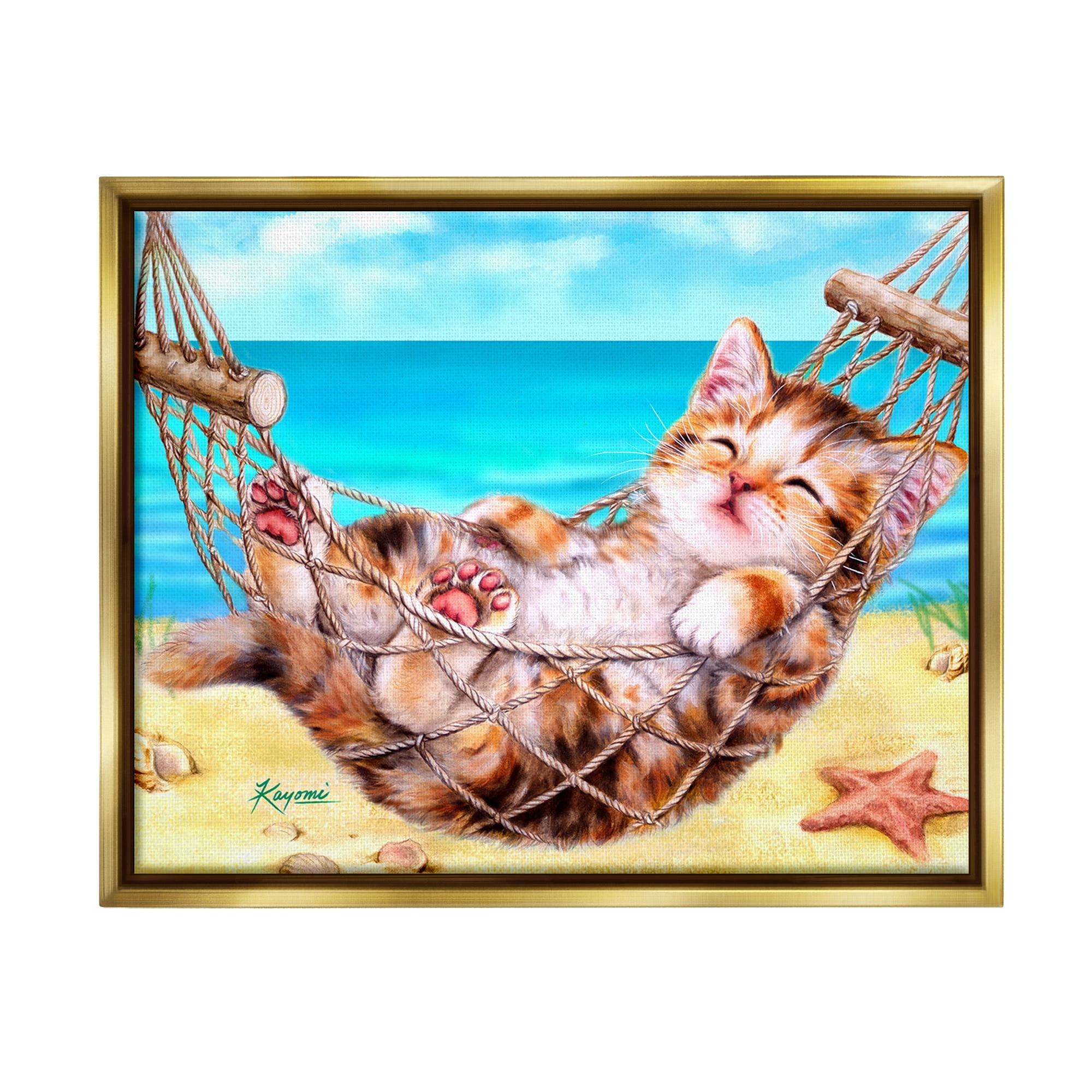 Stupell Industries Kitten in Beach Hammock Animals & Insects Painting Gold Floater Framed Canvas Art Print Wall Art, 21 x 17