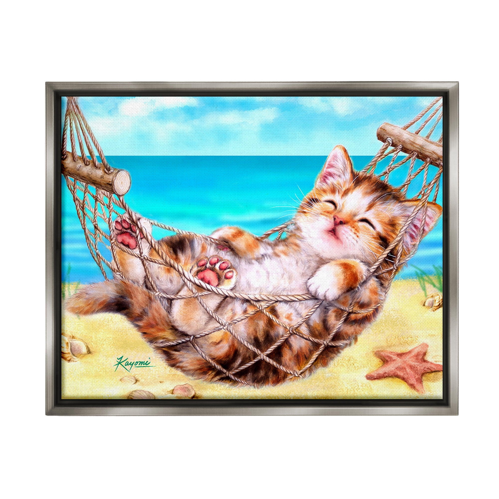 Stupell Industries Kitten in Beach Hammock Animals & Insects Painting Gray Floater Framed Canvas Art Print Wall Art, 21 x 17