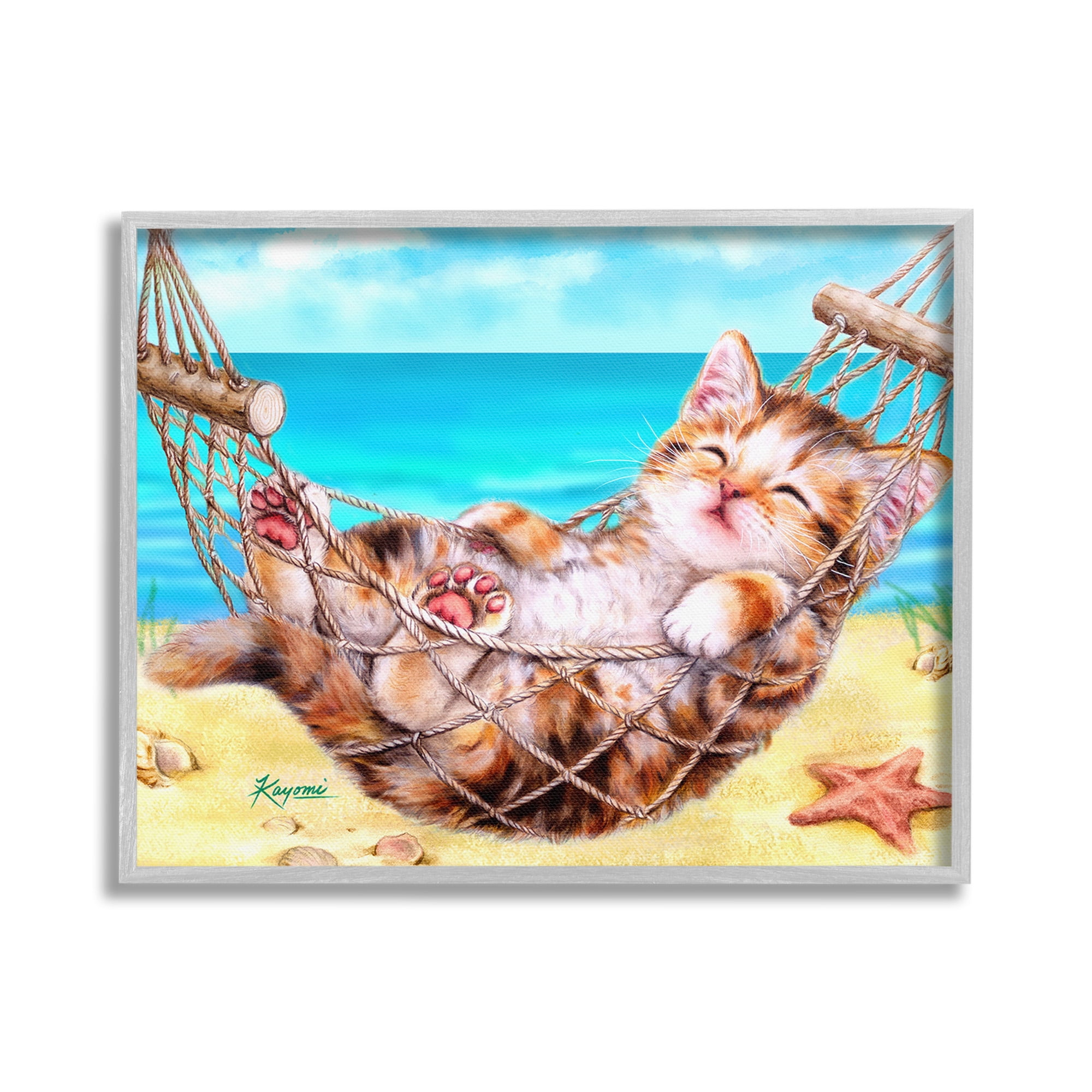 Stupell Industries Kitten in Beach Hammock Animals & Insects Painting Gray Framed Art Print Wall Art, 30 x 24