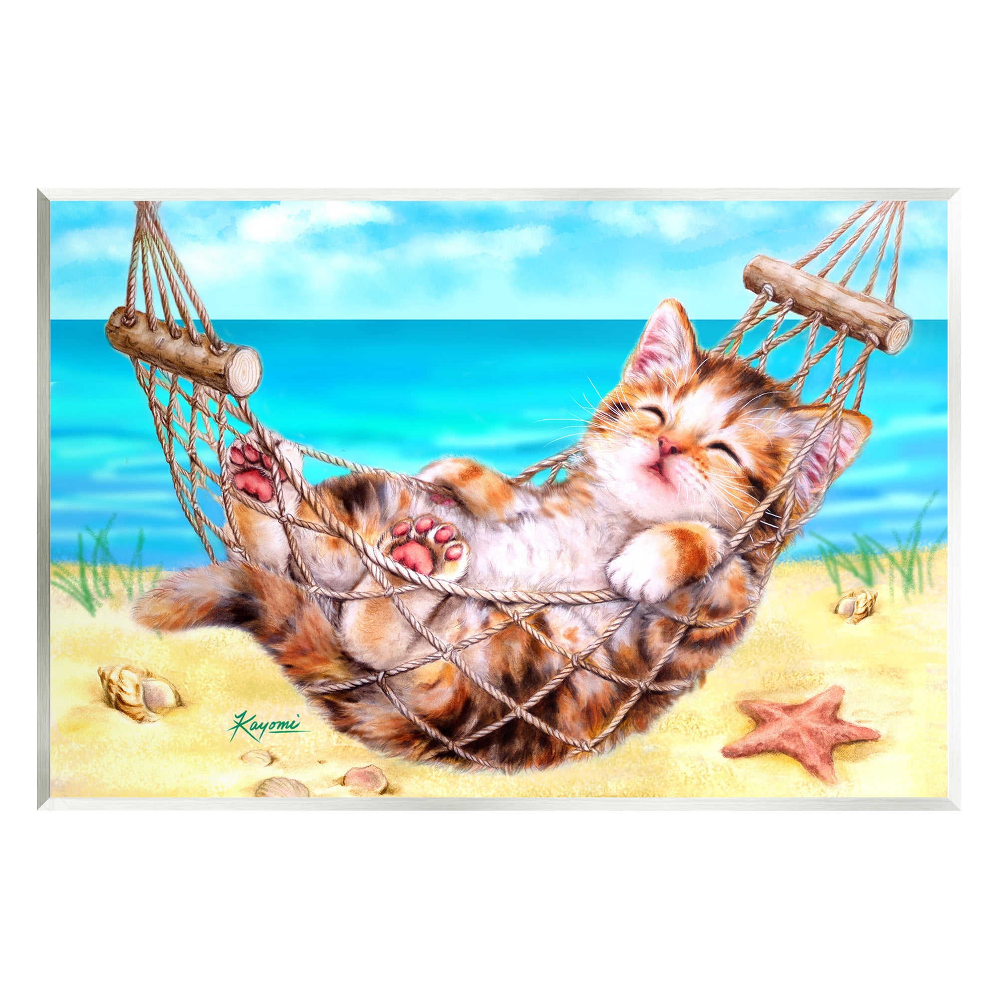 Stupell Industries Kitten in Beach Hammock Animals & Insects Painting Unframed Art Print Wall Art, 19 x 13