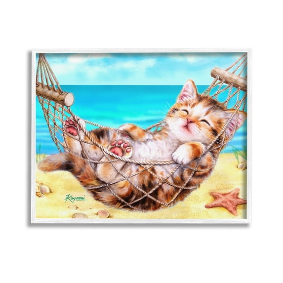 Stupell Industries Kitten in Beach Hammock Animals & Insects Painting White Framed Art Print Wall Art, 14 x 11