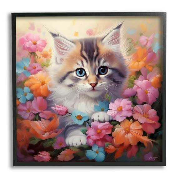 Stupell Industries Kitten in Flower Meadow Animals & Insects Painting Black Framed Art Print Wall Art, 17 x 17