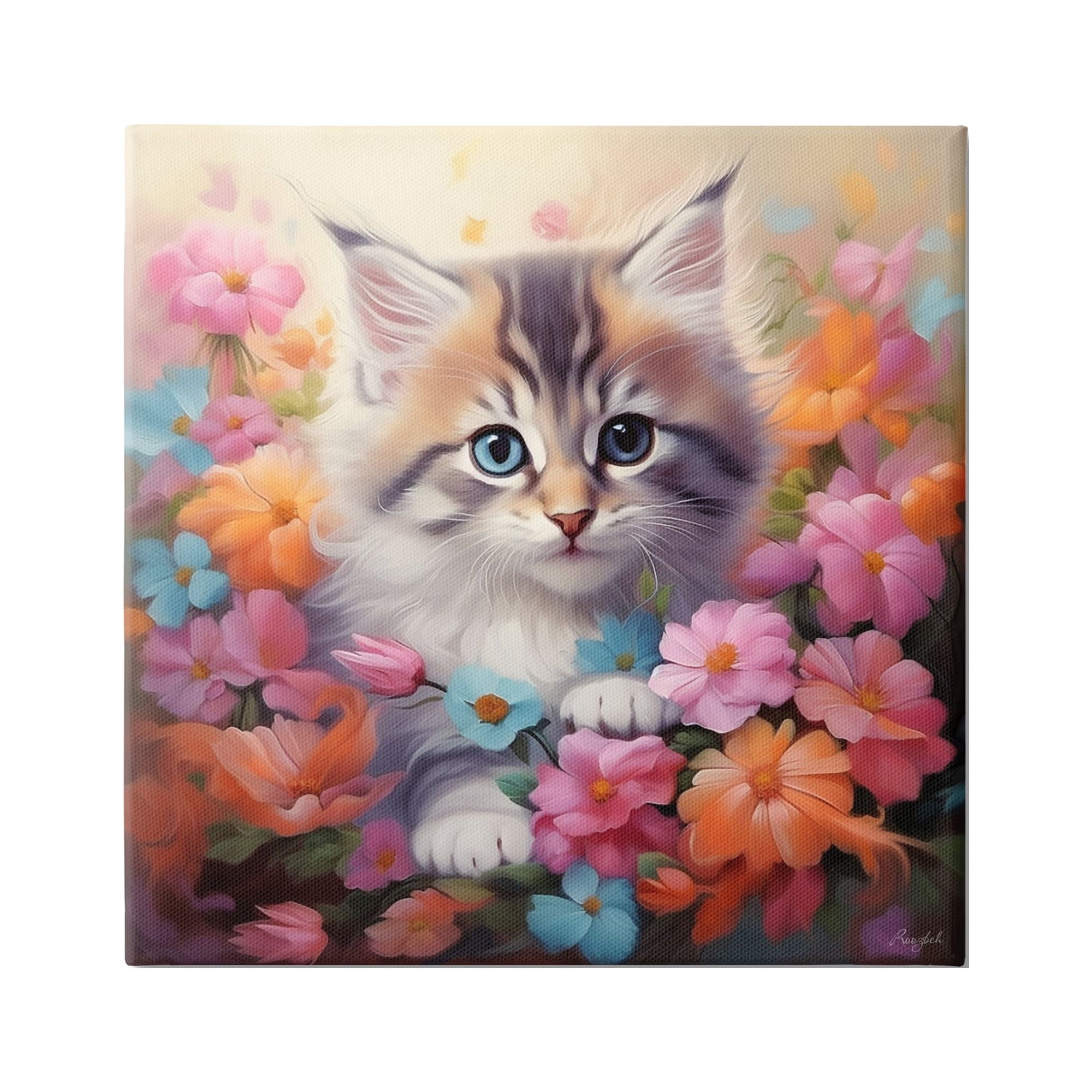 Stupell Industries Kitten in Flower Meadow Animals & Insects Painting Gallery Wrapped Canvas Art Print Wall Art, 17 x 17