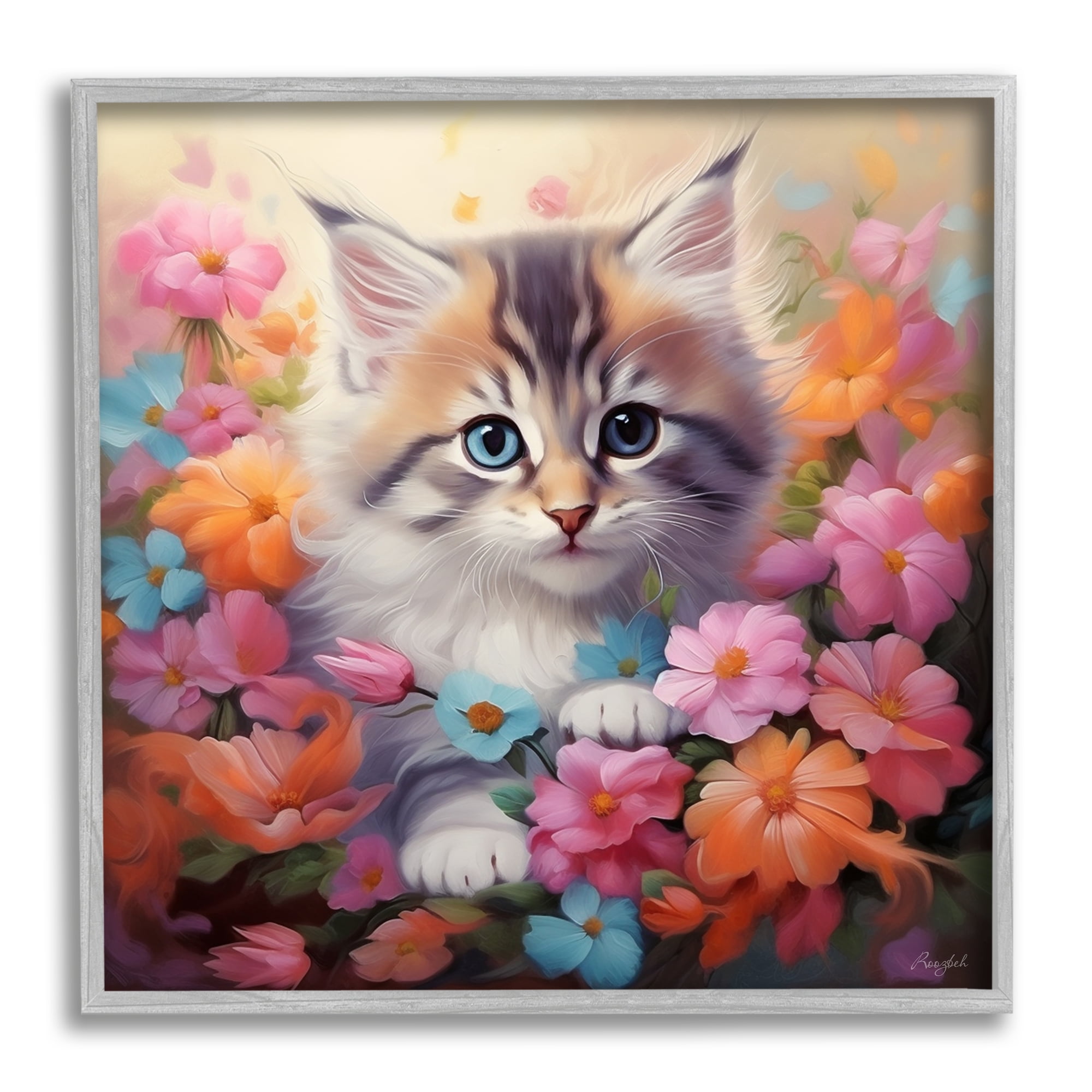 Stupell Industries Kitten in Flower Meadow Animals & Insects Painting Gray Framed Art Print Wall Art, 17 x 17