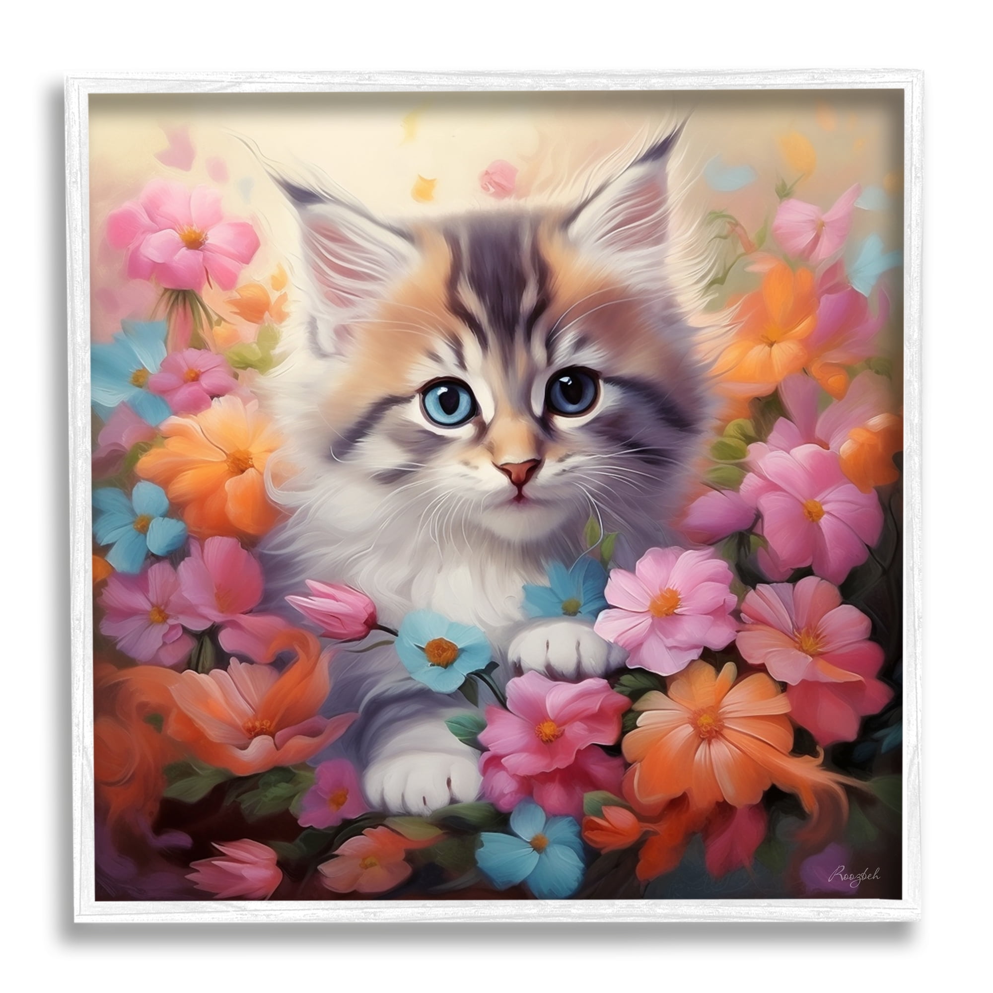 Stupell Industries Kitten in Flower Meadow Animals & Insects Painting White Framed Art Print Wall Art, 17 x 17