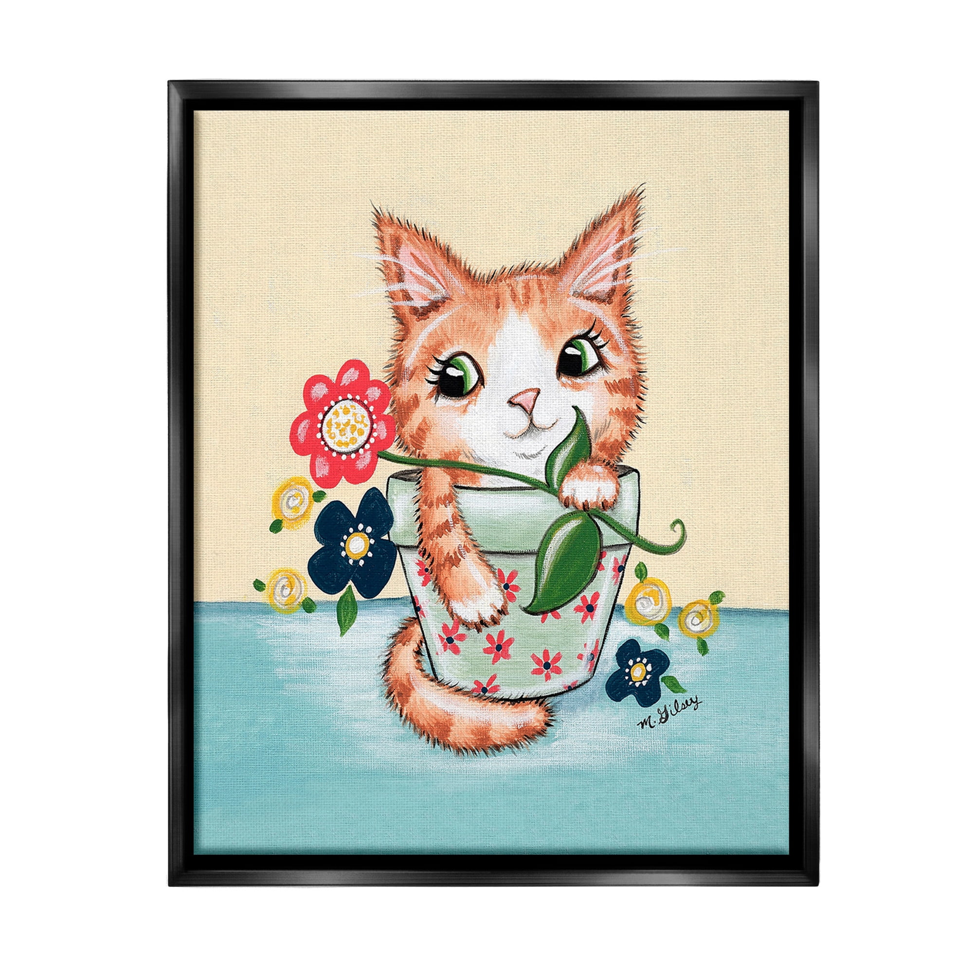 Stupell Industries Kitten in Flower Pot Animals & Insects Painting Black Floater Framed Canvas Art Print Wall Art, 25 x 31
