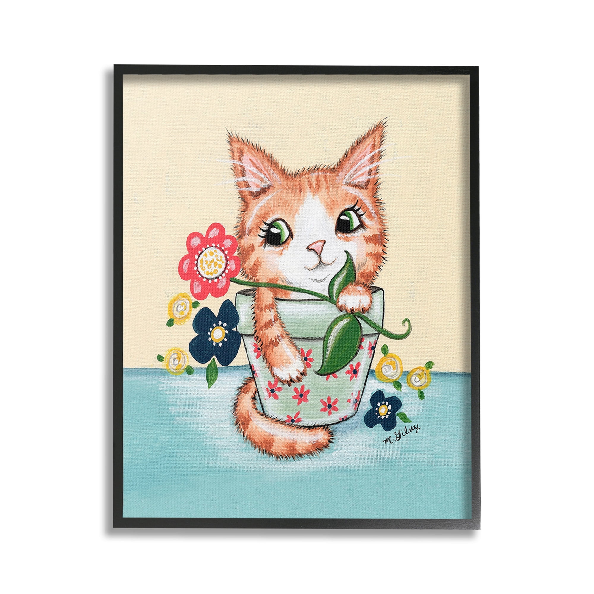 Stupell Industries Kitten in Flower Pot Animals & Insects Painting Black Framed Art Print Wall Art, 24 x 30