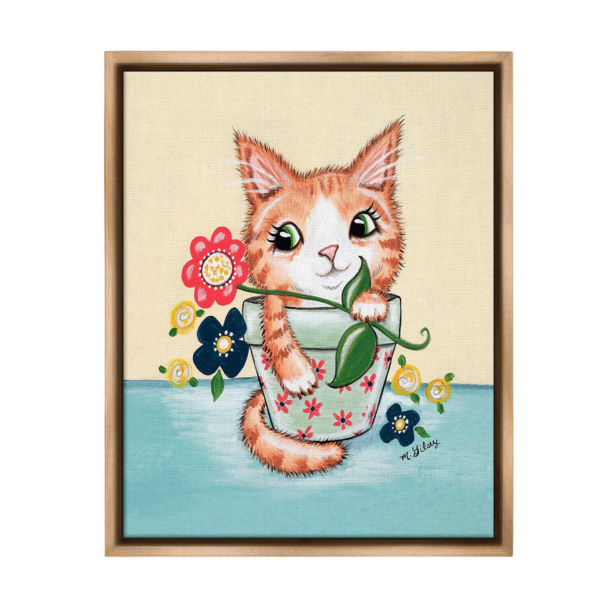 Stupell Industries Kitten in Flower Pot Animals & Insects Painting Brown Floater Framed Canvas Art Print Wall Art, 25 x 31