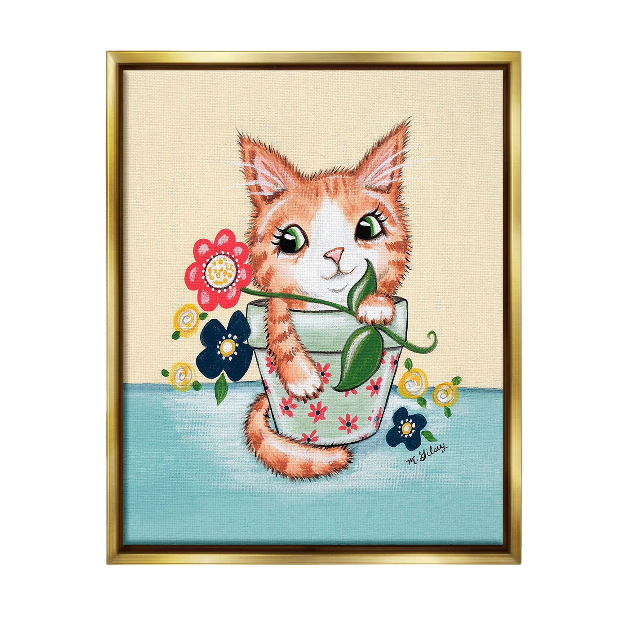 Stupell Industries Kitten in Flower Pot Animals & Insects Painting Gold Floater Framed Canvas Art Print Wall Art, 17 x 21