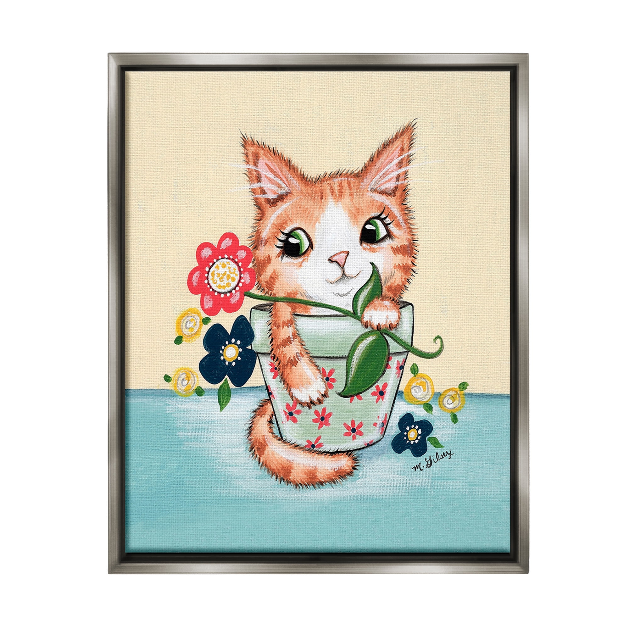 Stupell Industries Kitten in Flower Pot Animals & Insects Painting Gray Floater Framed Canvas Art Print Wall Art, 17 x 21