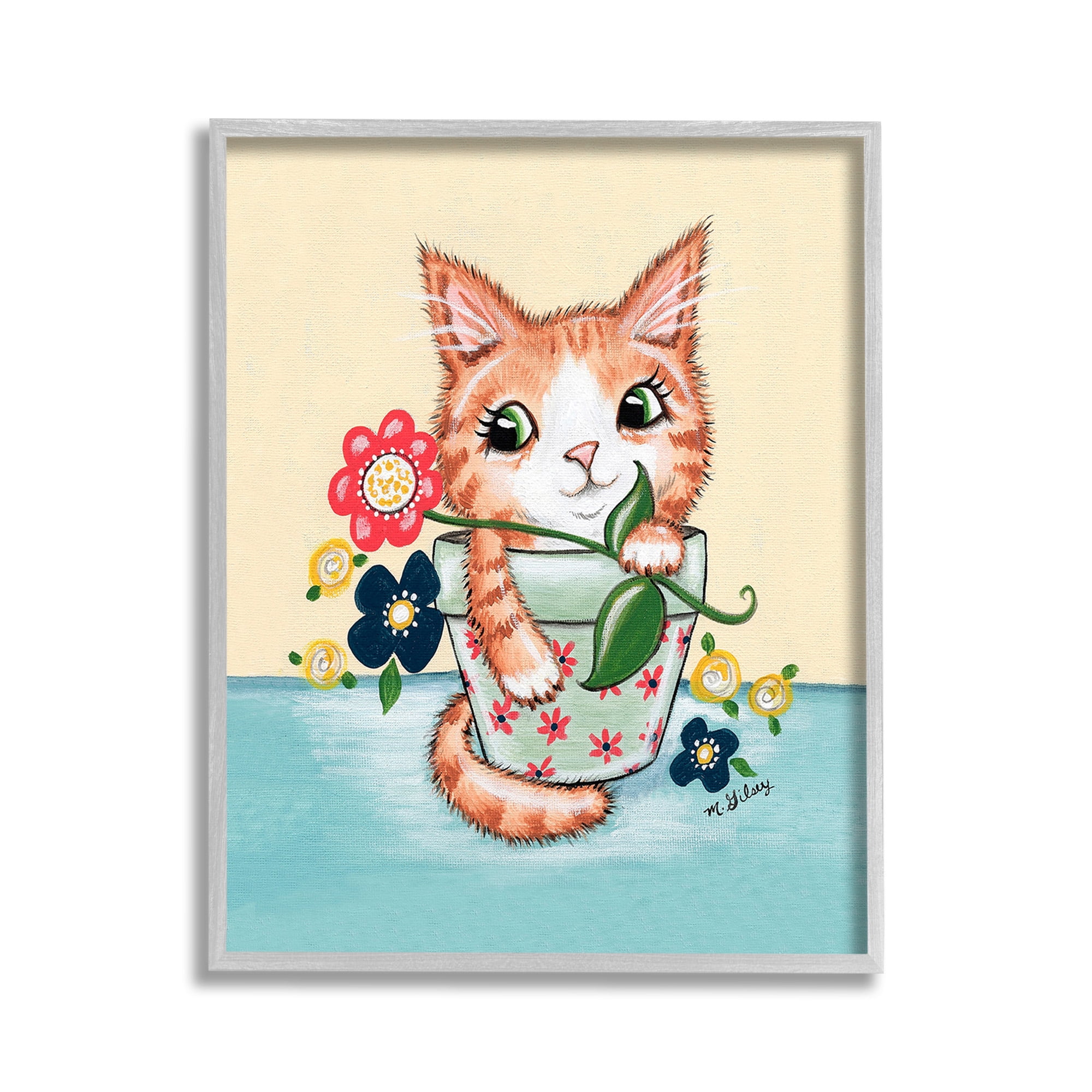 Stupell Industries Kitten in Flower Pot Animals & Insects Painting Gray Framed Art Print Wall Art, 11 x 14