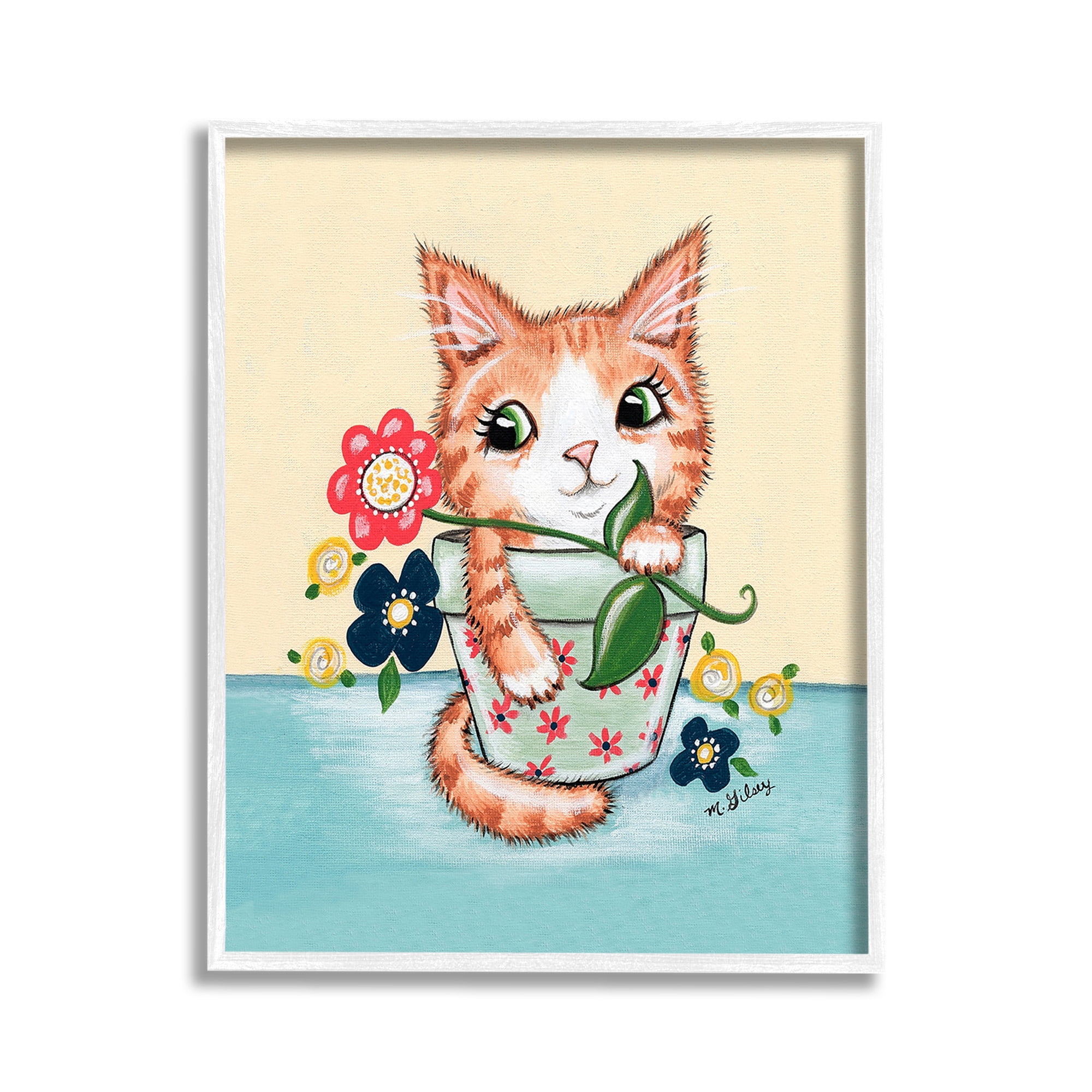 Stupell Industries Kitten in Flower Pot Animals & Insects Painting White Framed Art Print Wall Art, 11 x 14