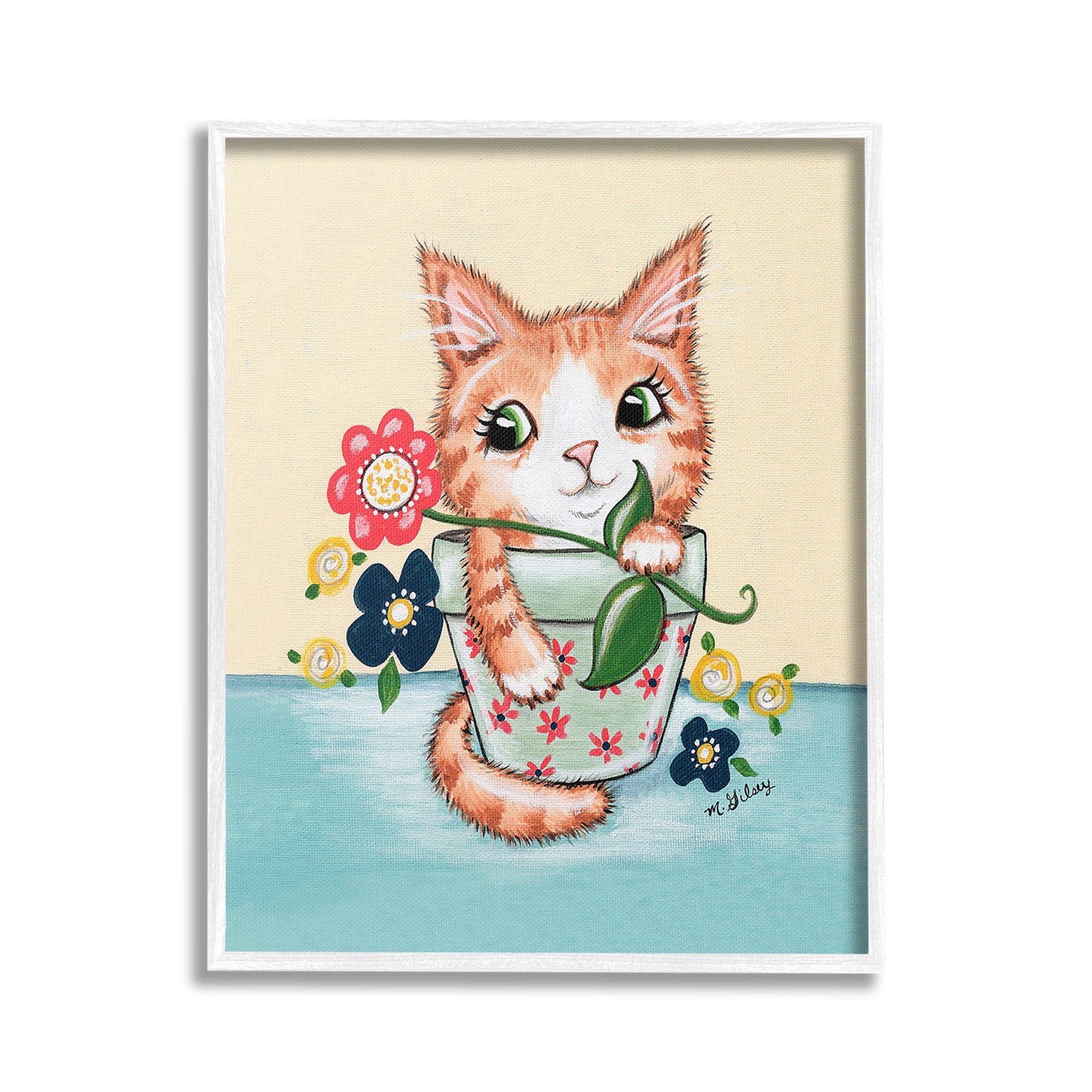 Stupell Industries Kitten in Flower Pot Animals & Insects Painting White Framed Art Print Wall Art, 16 x 20