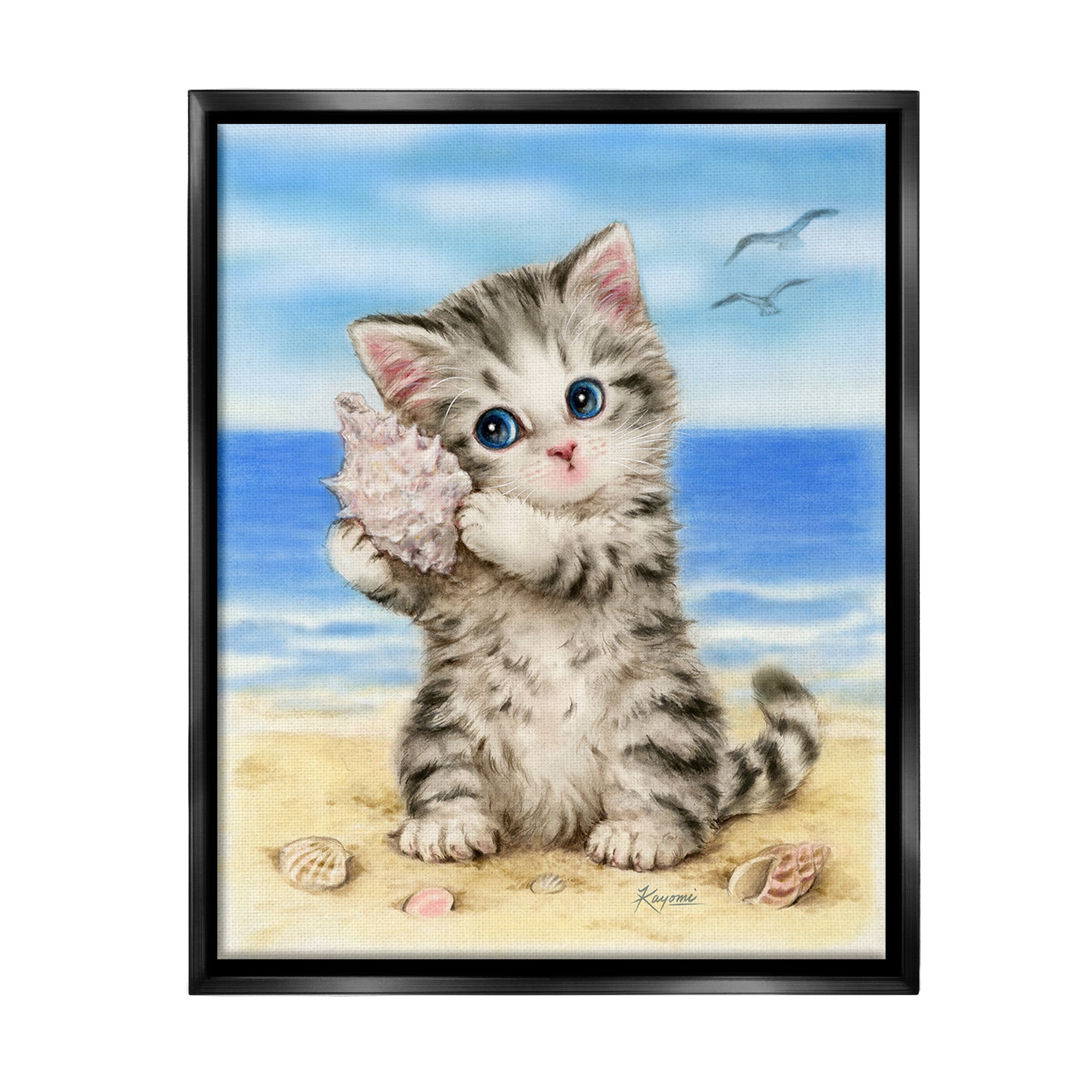 Stupell Industries Kitten with Conch Shell Animals & Insects Painting Black Floater Framed Canvas Art Print Wall Art, 25 x 31