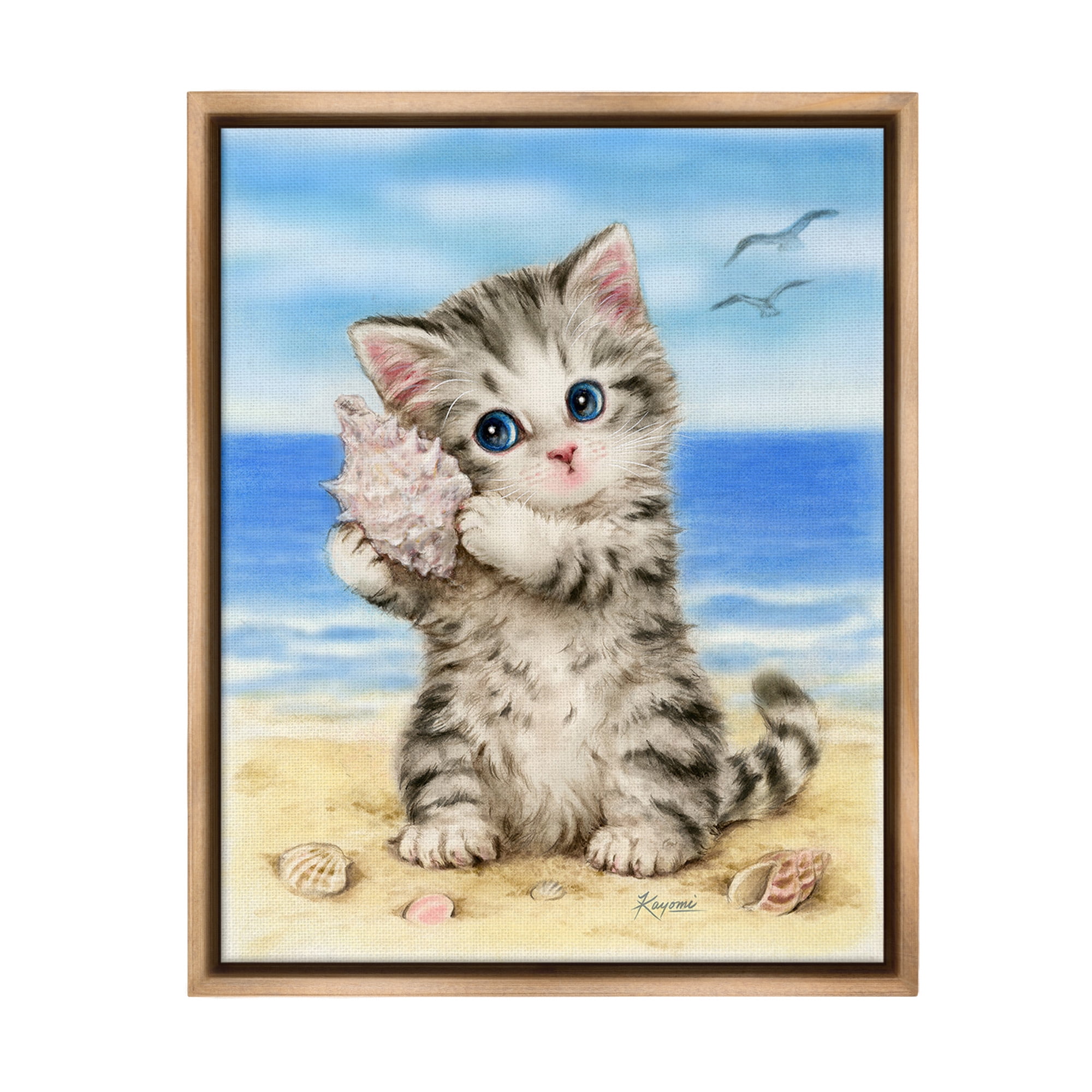 Stupell Industries Kitten with Conch Shell Animals & Insects Painting Brown Floater Framed Canvas Art Print Wall Art, 25 x 31