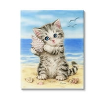 Stupell Industries Kitten with Conch Shell Animals & Insects Painting Gallery Wrapped Canvas Art Print Wall Art, 16 x 20