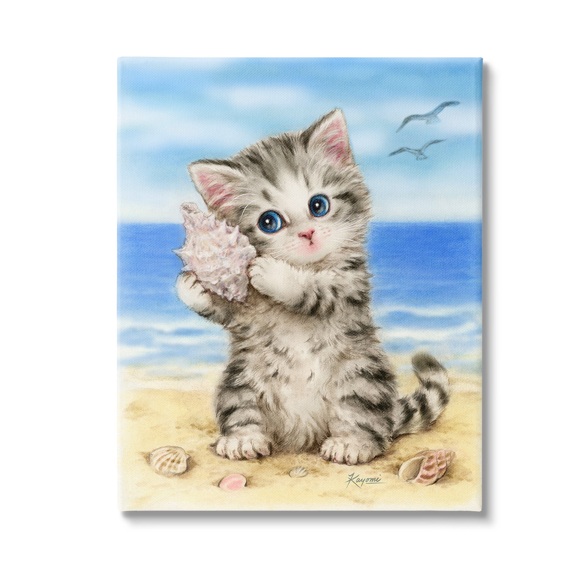 Stupell Industries Kitten with Conch Shell Animals & Insects Painting Gallery Wrapped Canvas Art Print Wall Art, 36 x 48