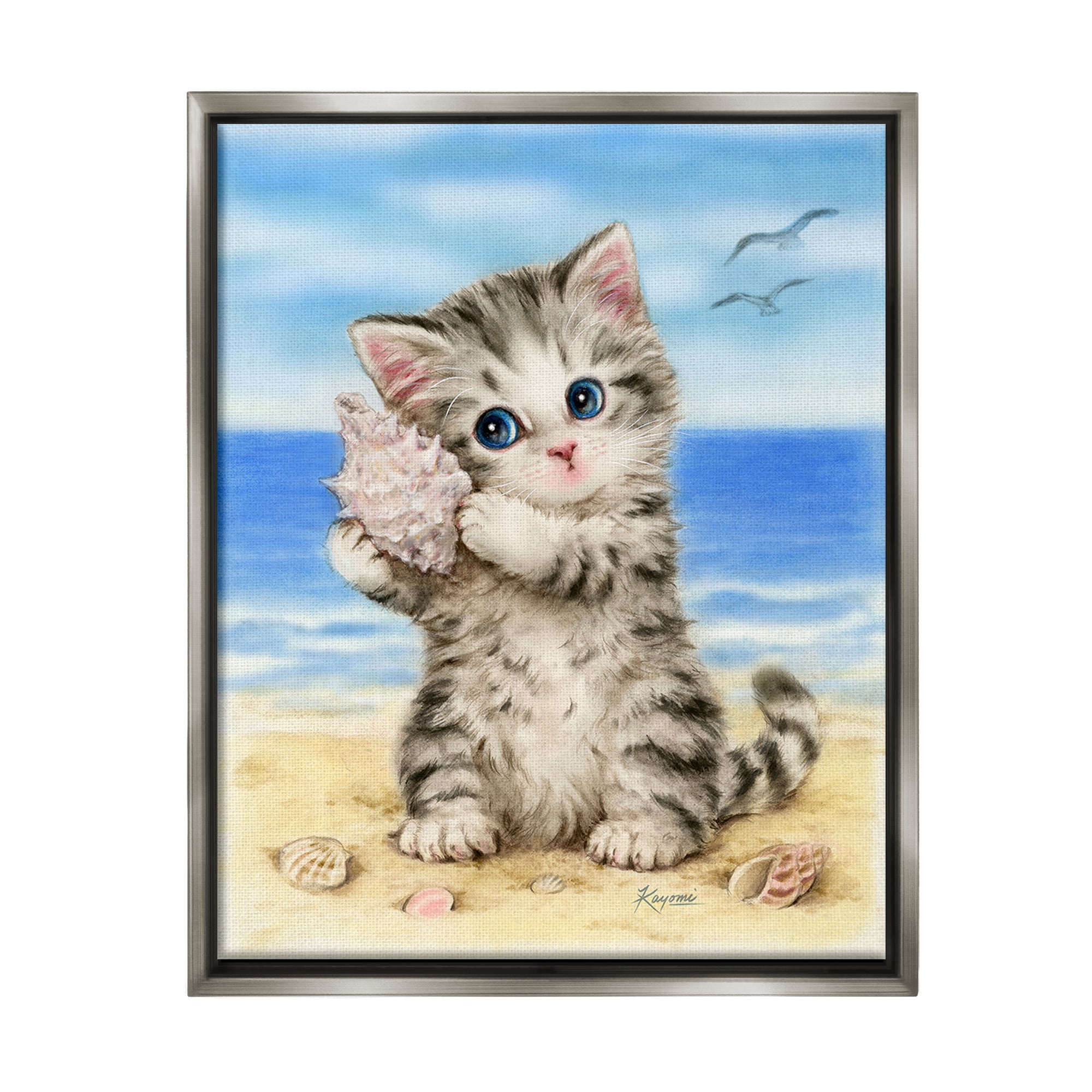 Stupell Industries Kitten with Conch Shell Animals & Insects Painting Gray Floater Framed Canvas Art Print Wall Art, 17 x 21