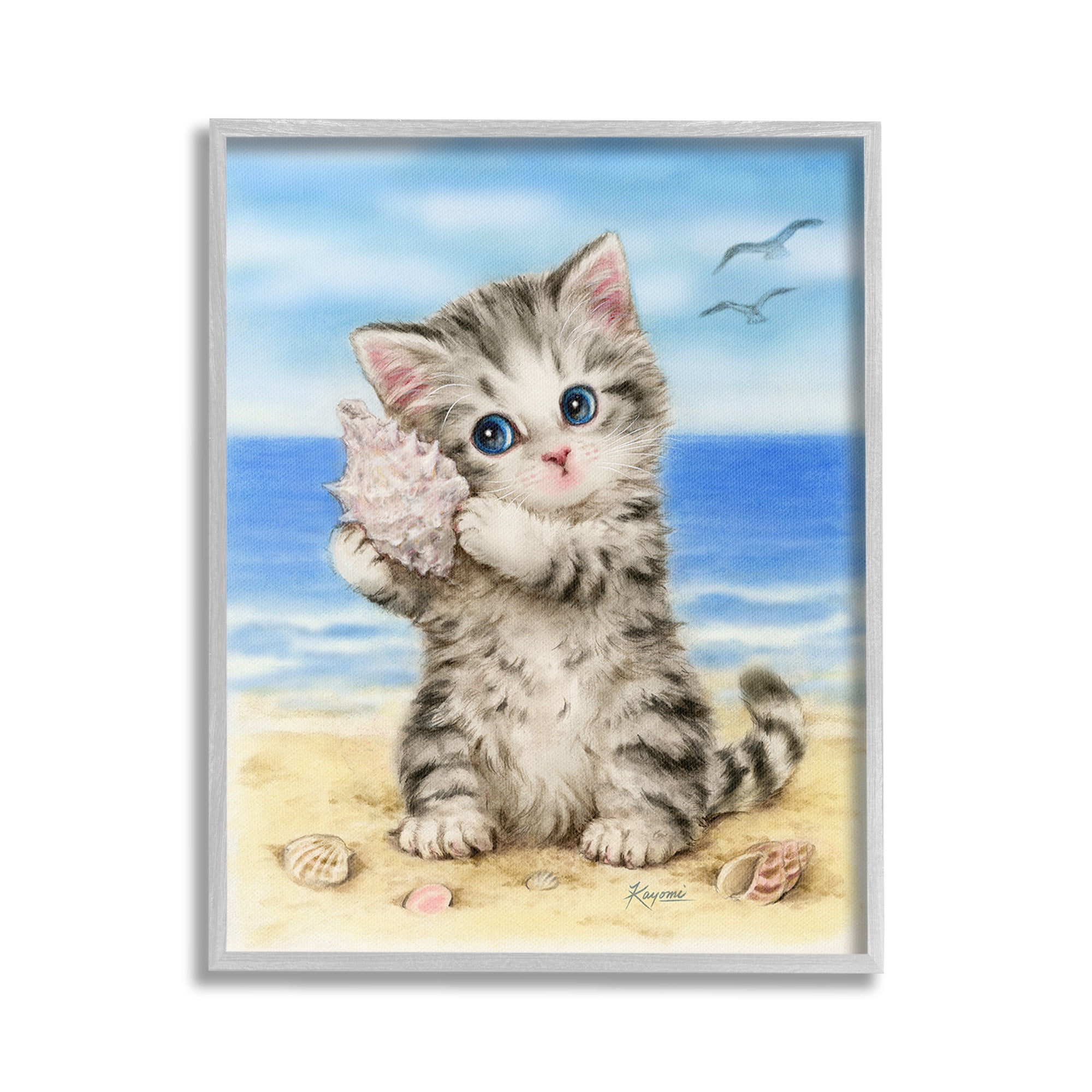 Stupell Industries Kitten with Conch Shell Animals & Insects Painting Gray Framed Art Print Wall Art, 24 x 30