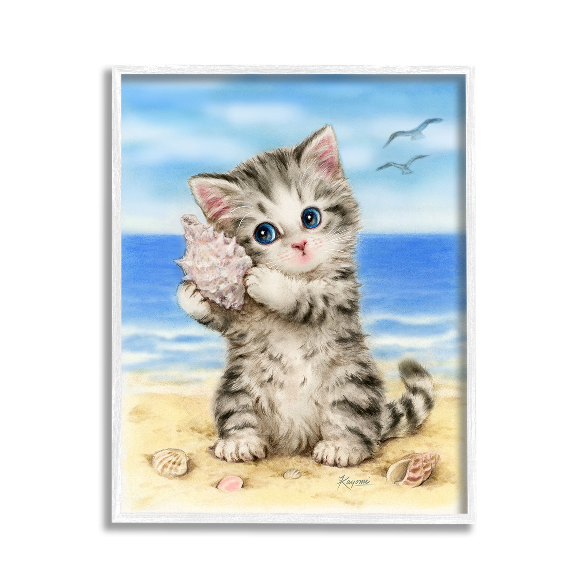 Stupell Industries Kitten with Conch Shell Animals & Insects Painting White Framed Art Print Wall Art, 11 x 14