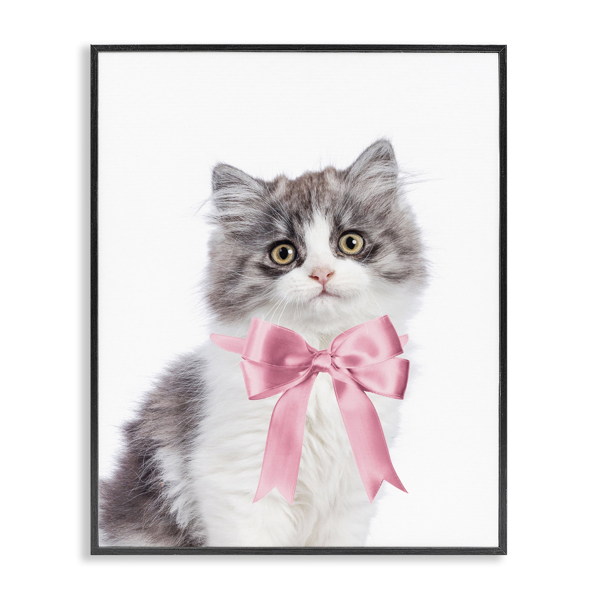 Stupell Industries Kitten with Pink Bow Animals Painting Black Framed Art Print Wall Art, 24 x 30