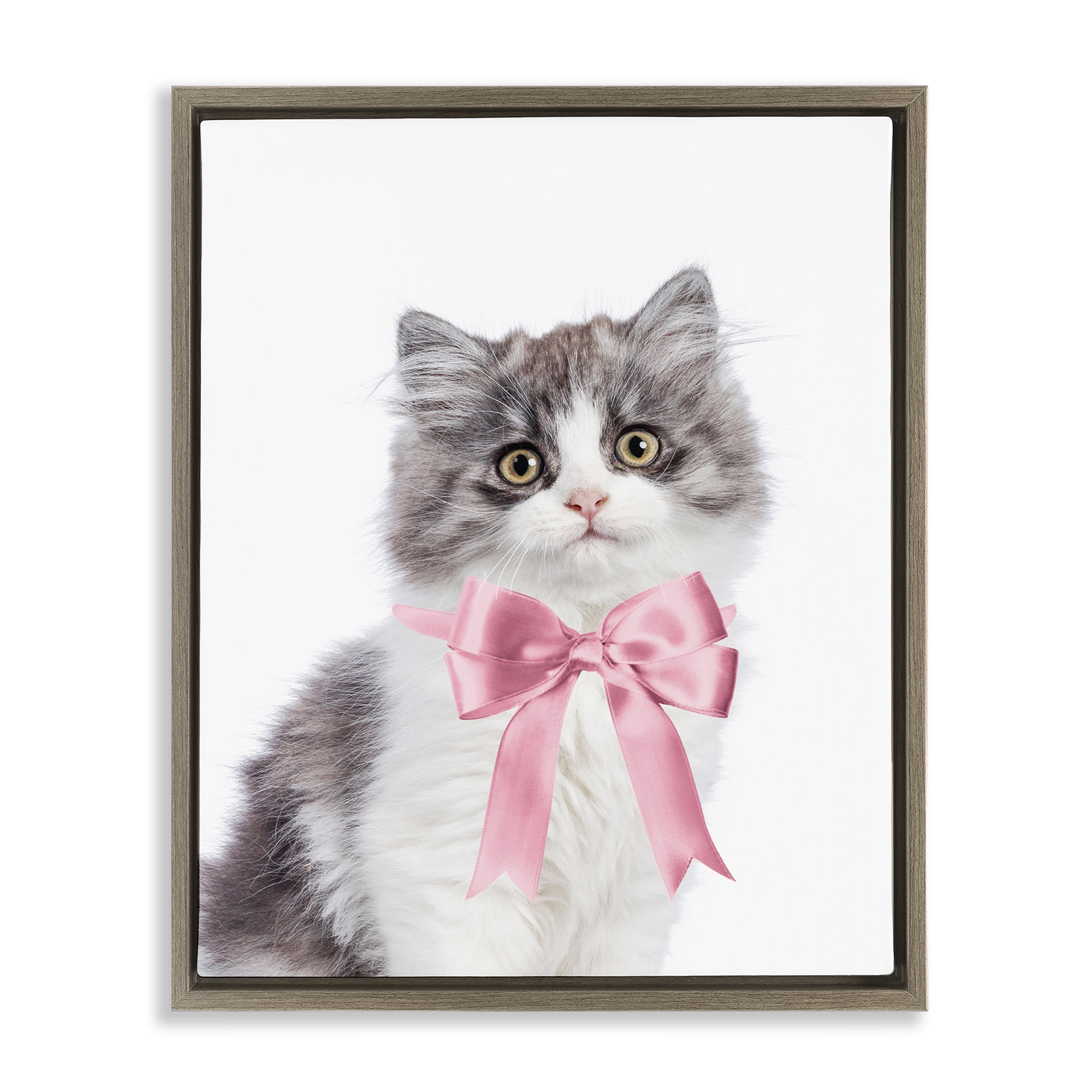 Stupell Industries Kitten with Pink Bow Animals Painting Brown Floater Framed Canvas Art Print Wall Art, 17 x 21