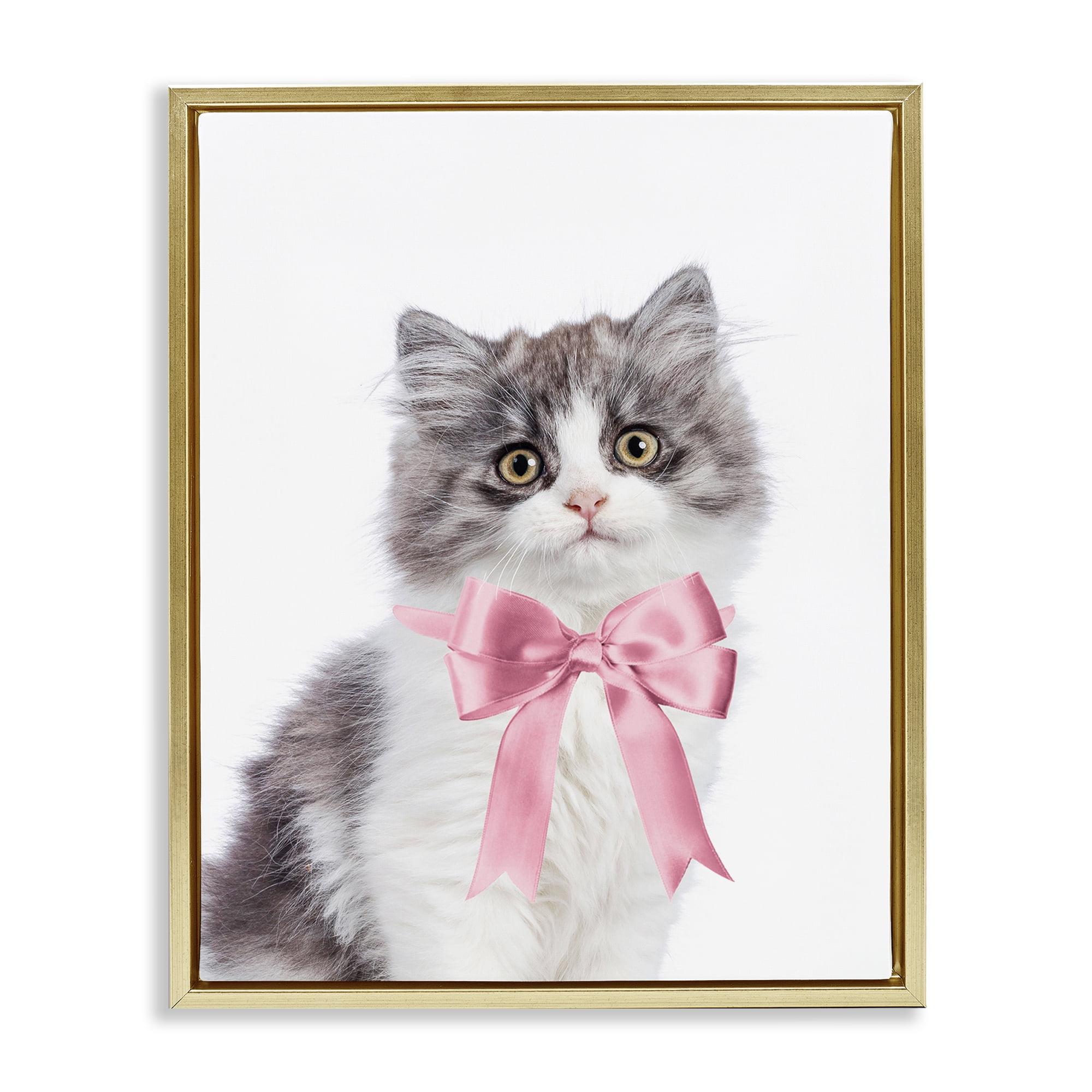 Stupell Industries Kitten with Pink Bow Animals Painting Gold Floater Framed Canvas Art Print Wall Art, 25 x 31