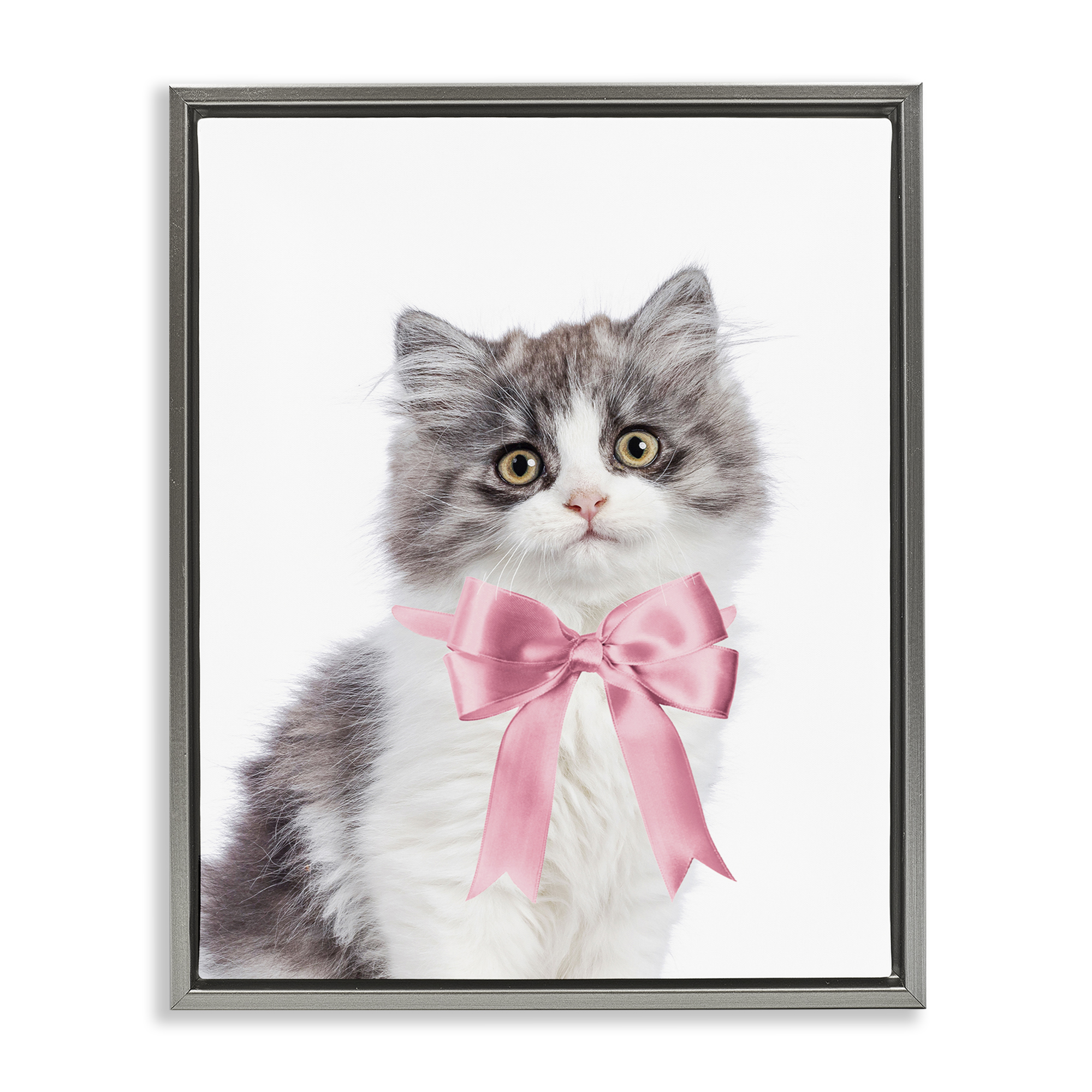Stupell Industries Kitten with Pink Bow Animals Painting Gray Floater Framed Canvas Art Print Wall Art, 17 x 21