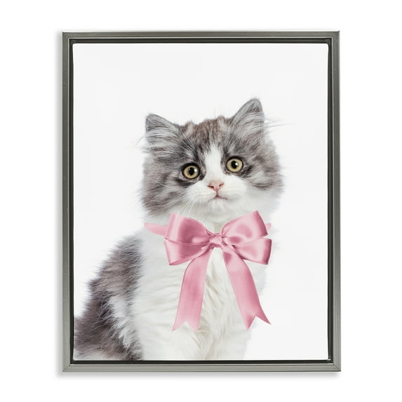 Stupell Industries Kitten with Pink Bow Animals Painting Gray Floater Framed Canvas Art Print Wall Art, 25 x 31