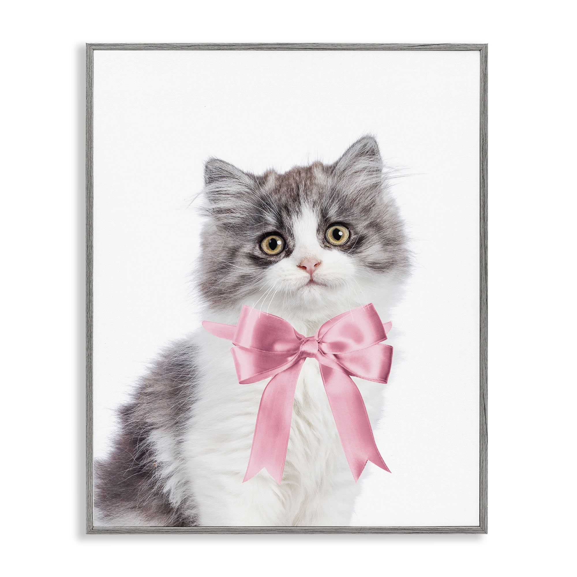 Stupell Industries Kitten with Pink Bow Animals Painting Gray Framed Art Print Wall Art, 16 x 20