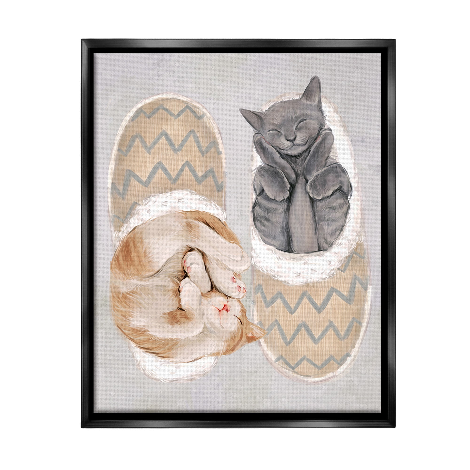 Stupell Industries Kittens In Slippers Animals & Insects Painting Black Floater Framed Canvas Art Print Wall Art, 25 x 31