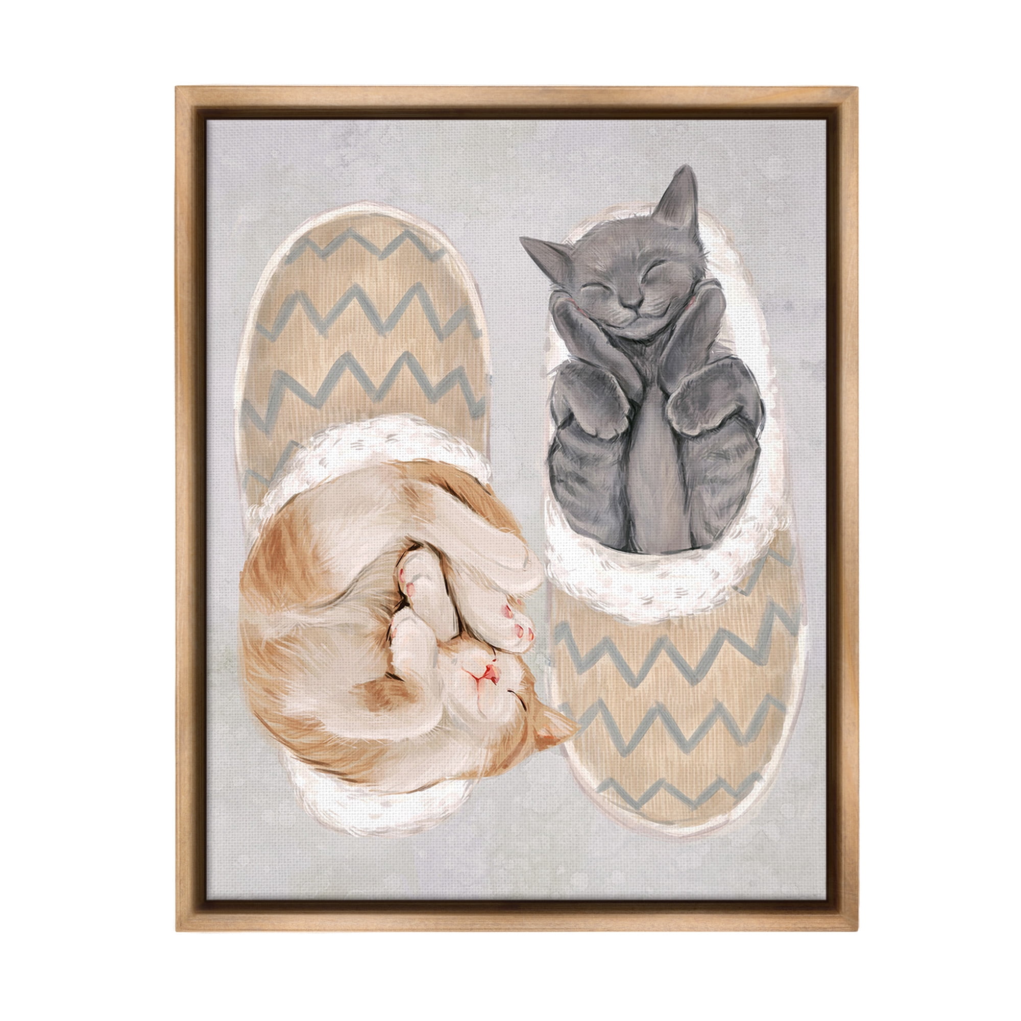 Stupell Industries Kittens In Slippers Animals & Insects Painting Brown Floater Framed Canvas Art Print Wall Art, 17 x 21