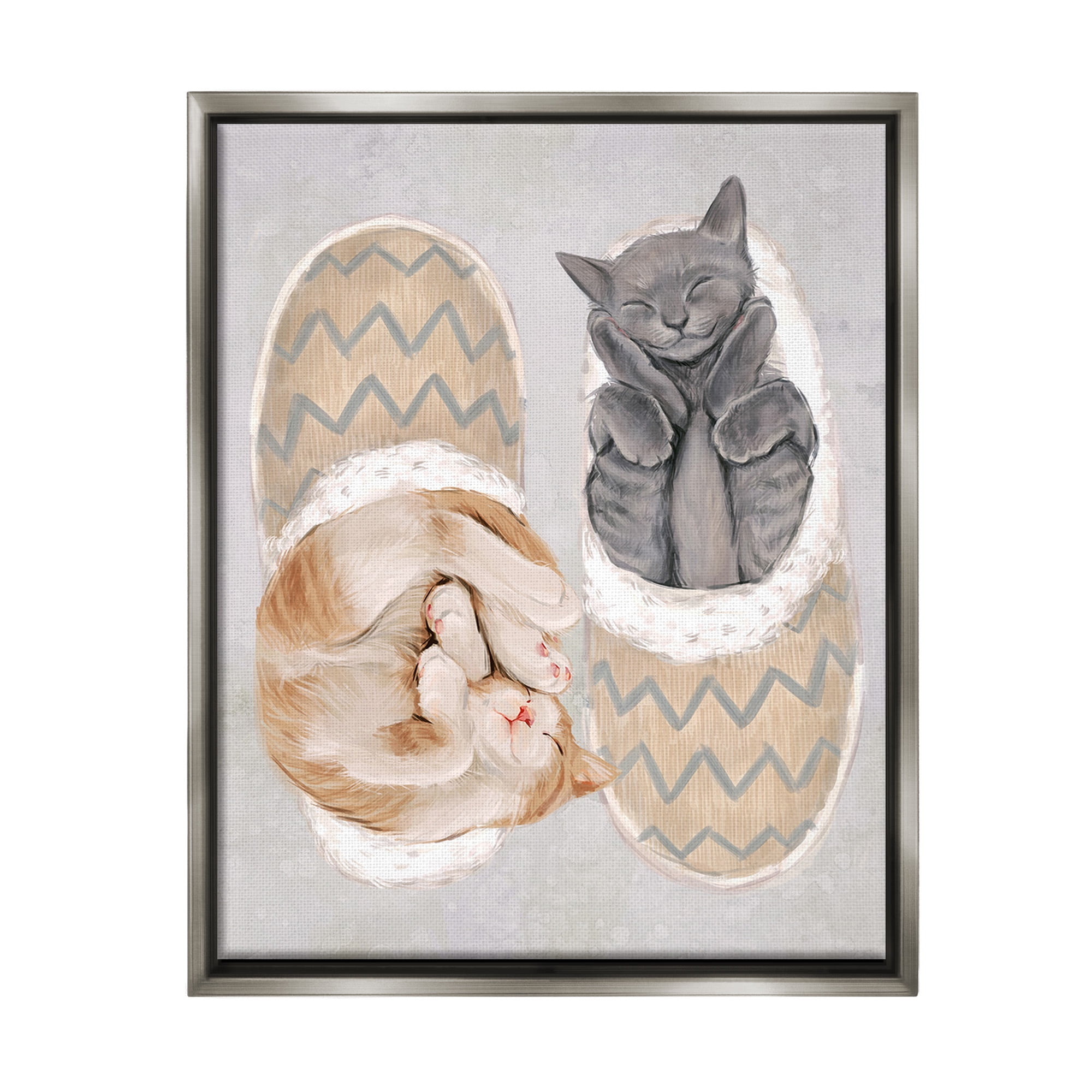 Stupell Industries Kittens In Slippers Animals & Insects Painting Gray Floater Framed Canvas Art Print Wall Art, 17 x 21