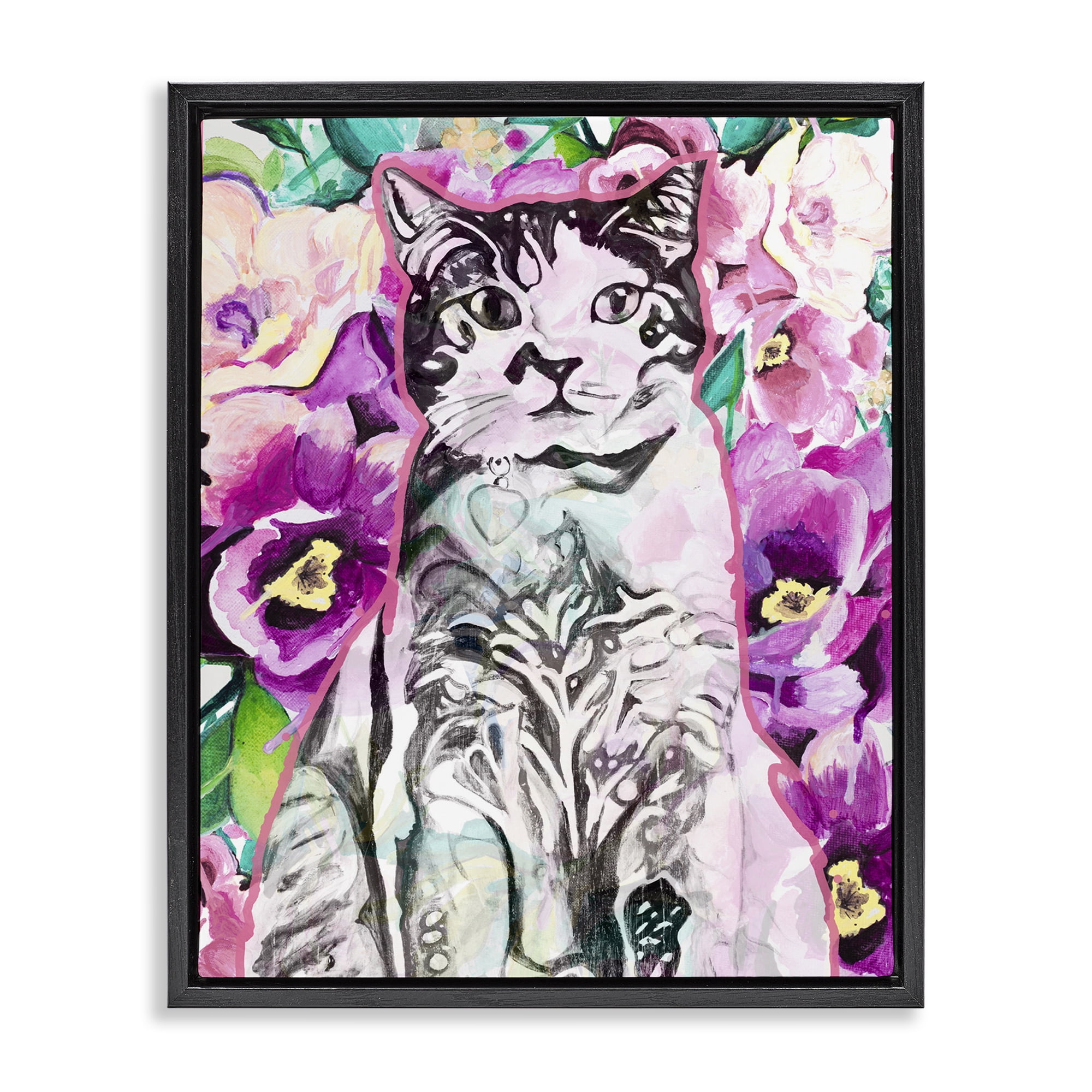 Stupell Industries Kitty Among Flowers Animals & Insects Painting Black Floater Framed Canvas Art Print Wall Art, 17 x 21