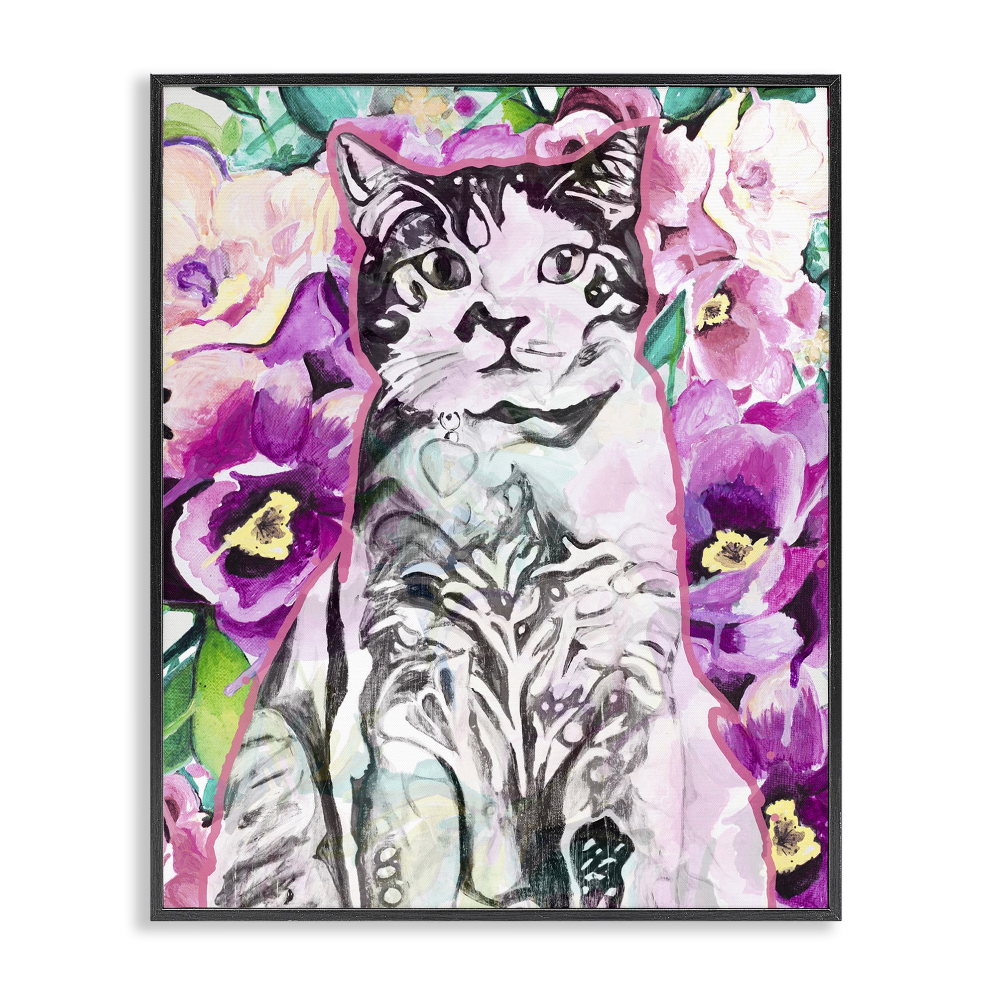 Stupell Industries Kitty Among Flowers Animals & Insects Painting Black Framed Art Print Wall Art, 11 x 14