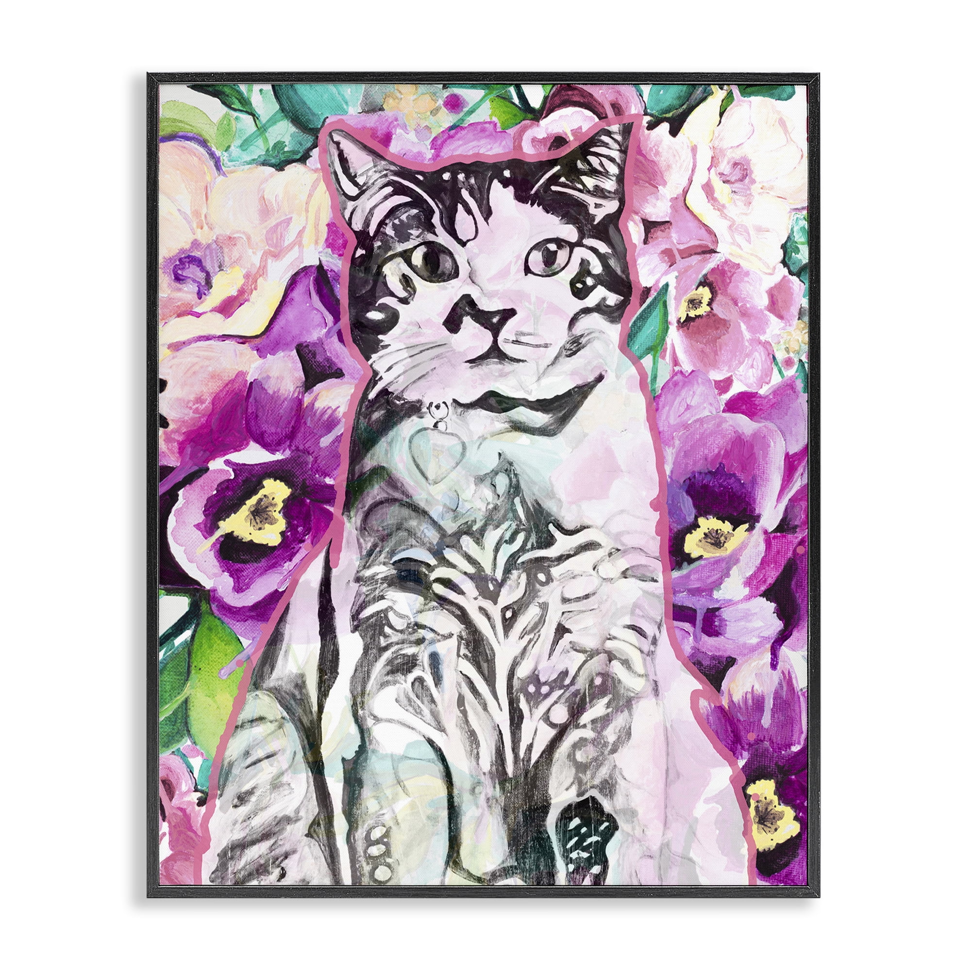 Stupell Industries Kitty Among Flowers Animals & Insects Painting Black Framed Art Print Wall Art, 16 x 20