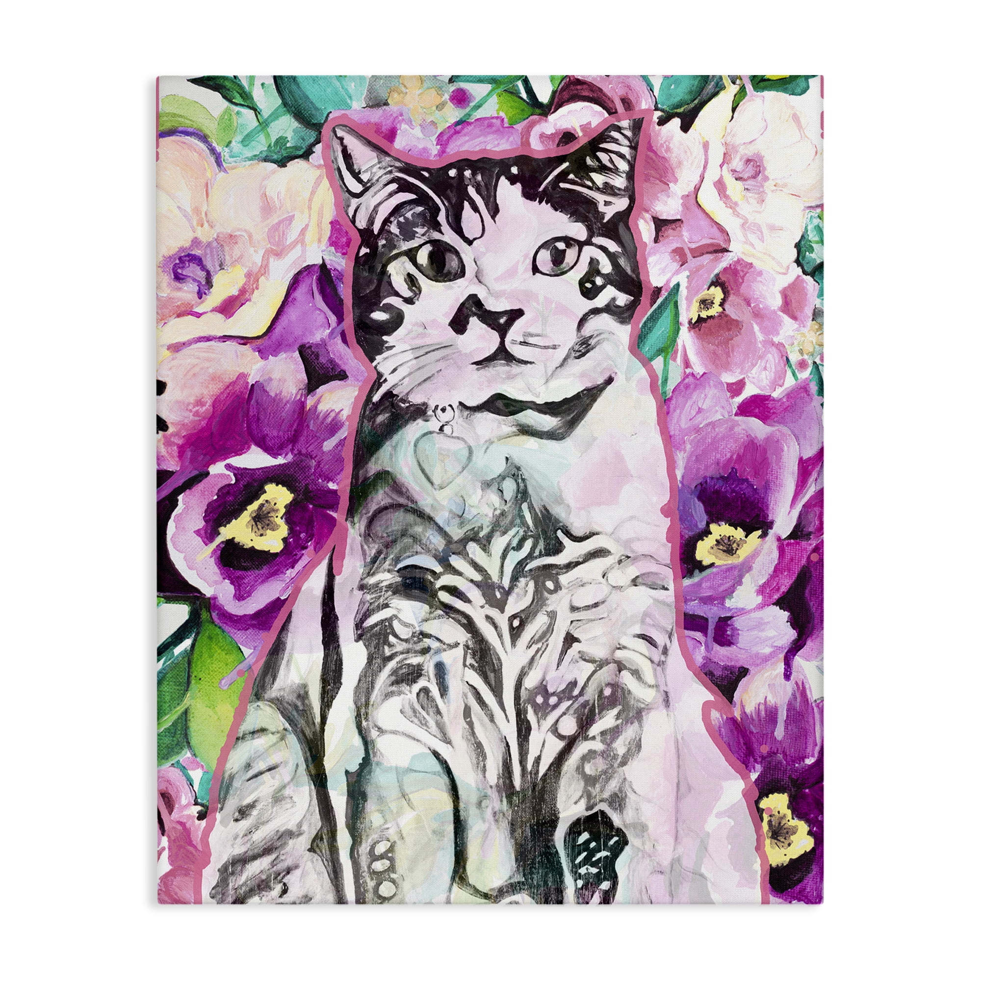 Stupell Industries Kitty Among Flowers Animals & Insects Painting Gallery Wrapped Canvas Art Print Wall Art, 16 x 20